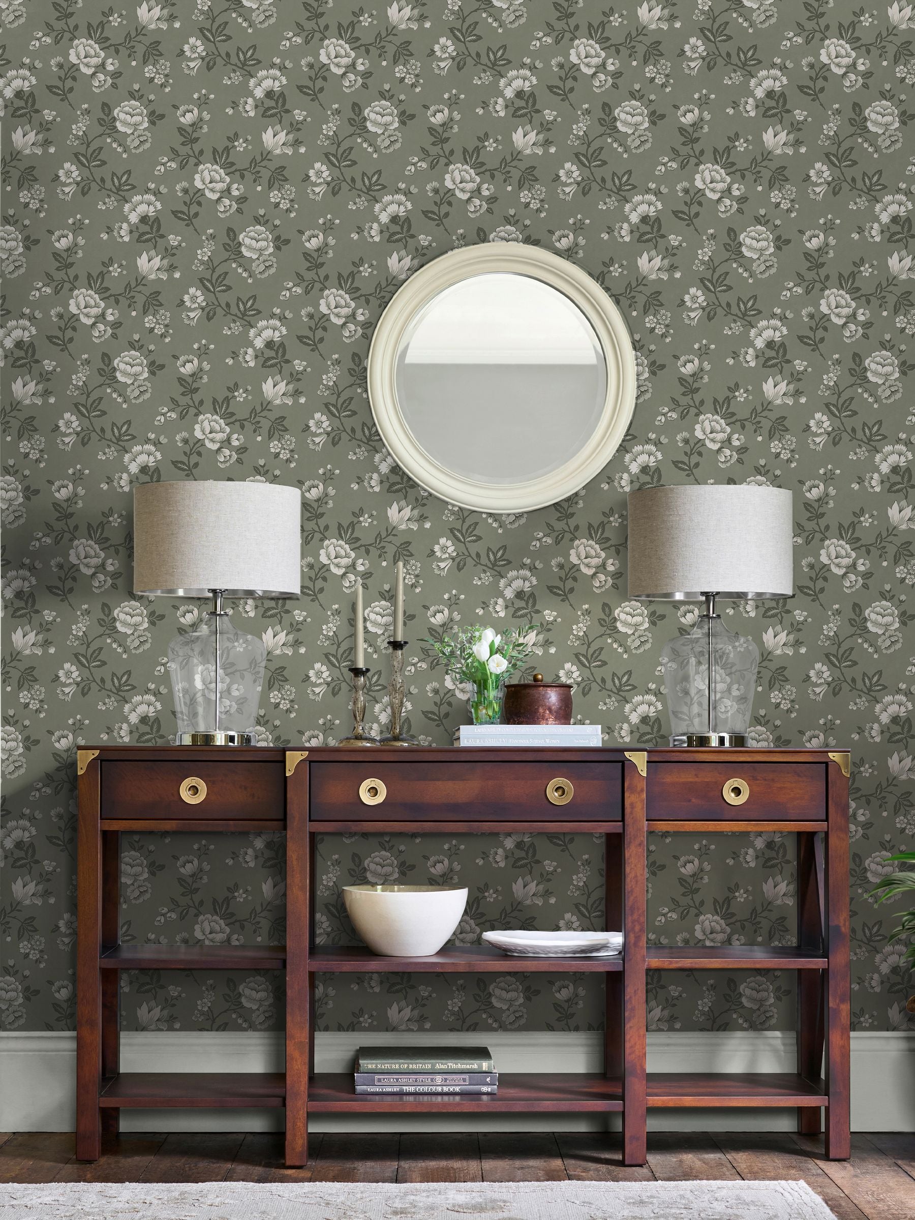Laura Ashley antique green Bradenbury Trail wallpaper sample A4, UK version