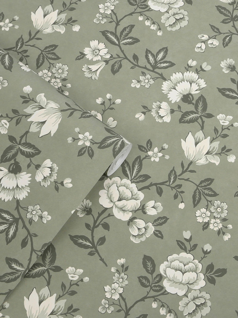 Laura Ashley antique green Bradenbury Trail wallpaper sample A4, UK version