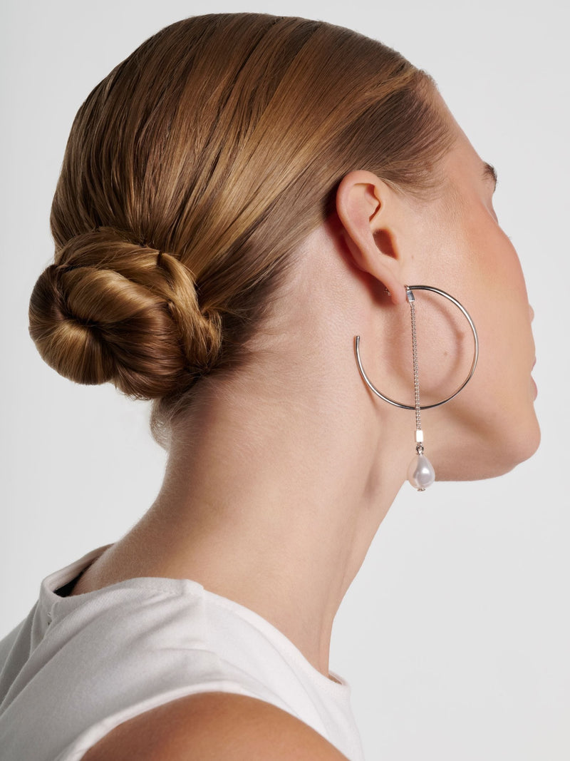 Karen Millen Modern Pearl Hoop Earrings silver tone, UK version