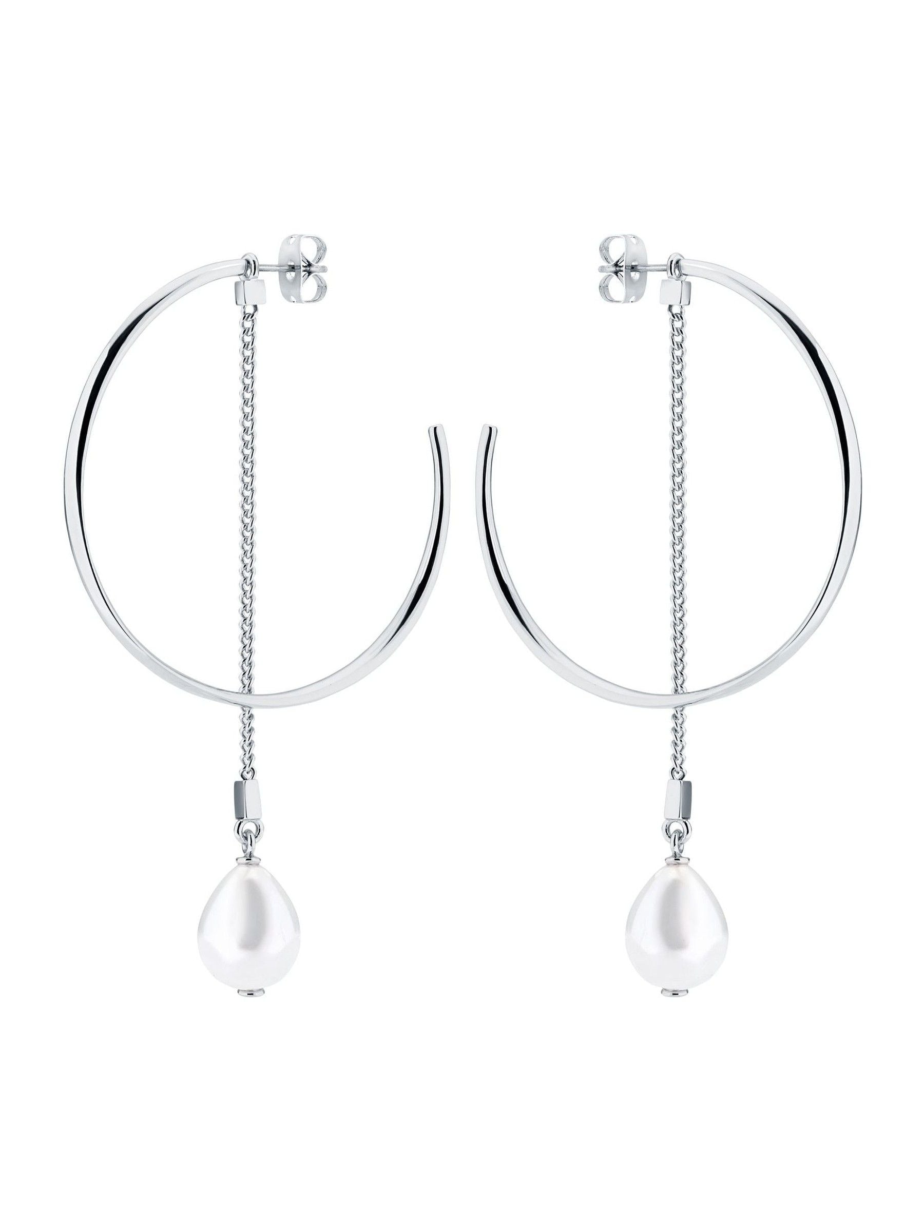 Karen Millen Modern Pearl Hoop Earrings silver tone, UK version
