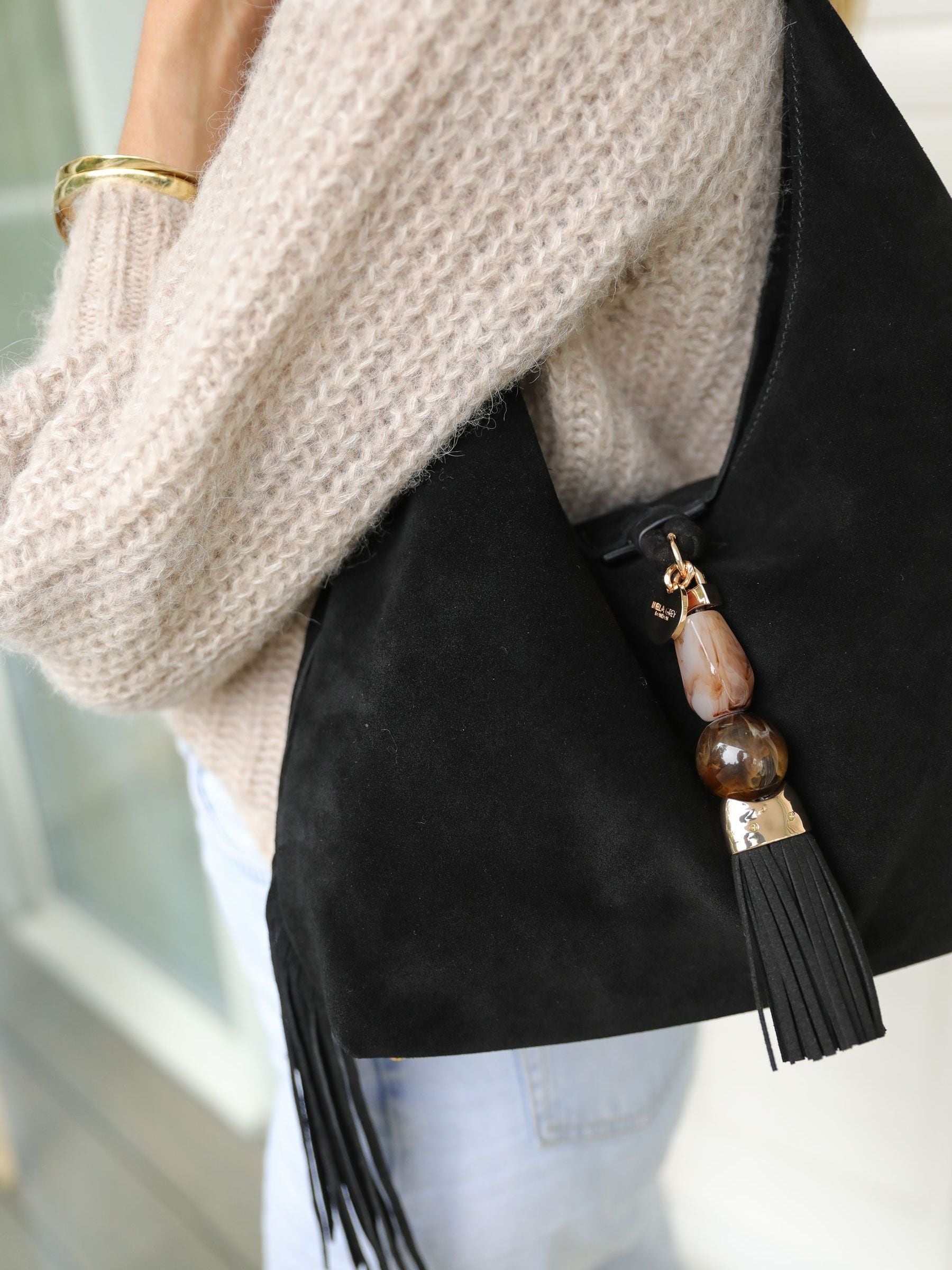 Luella Grey Black Paloma Suede Fringe Shoulder Bag