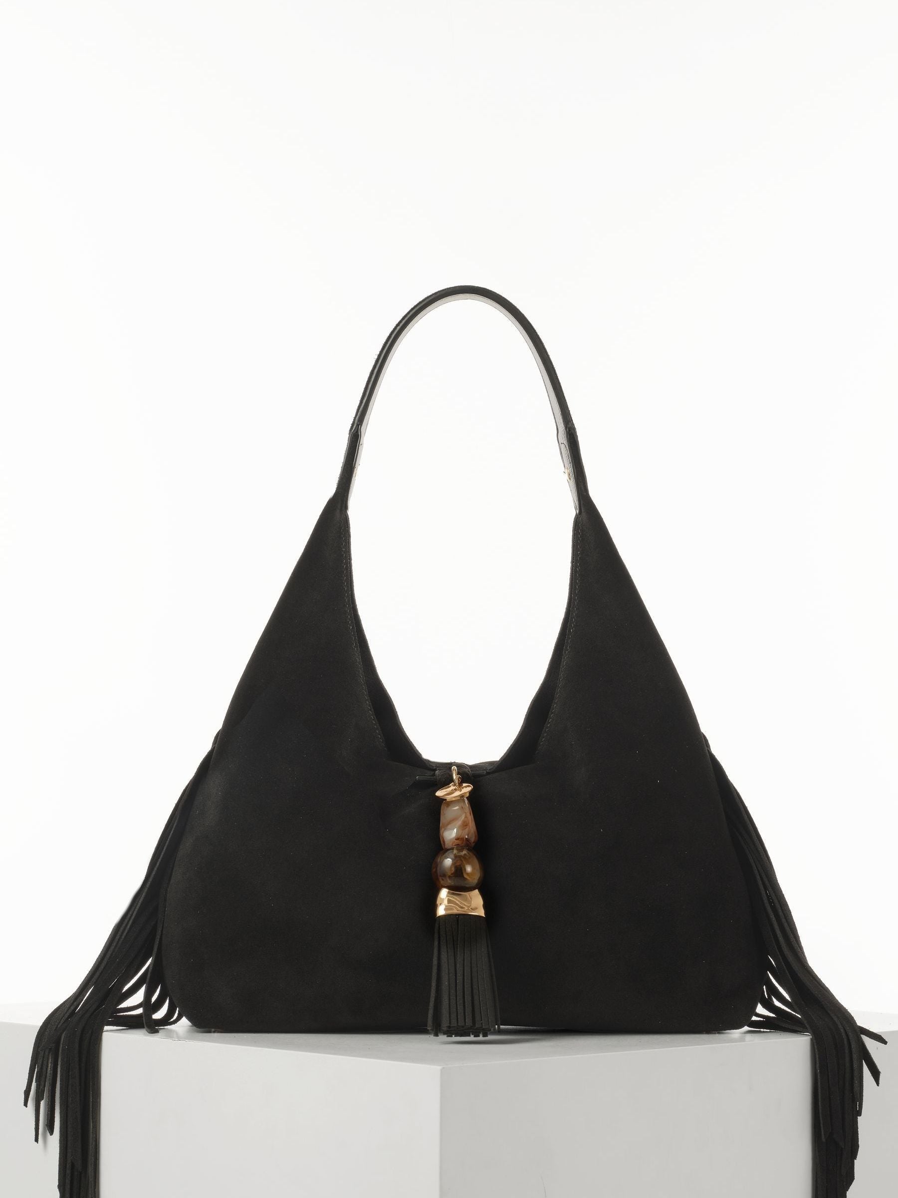 Luella Grey Black Paloma Suede Fringe Shoulder Bag