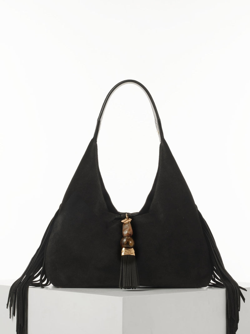 Luella Grey Black Paloma Suede Fringe Shoulder Bag