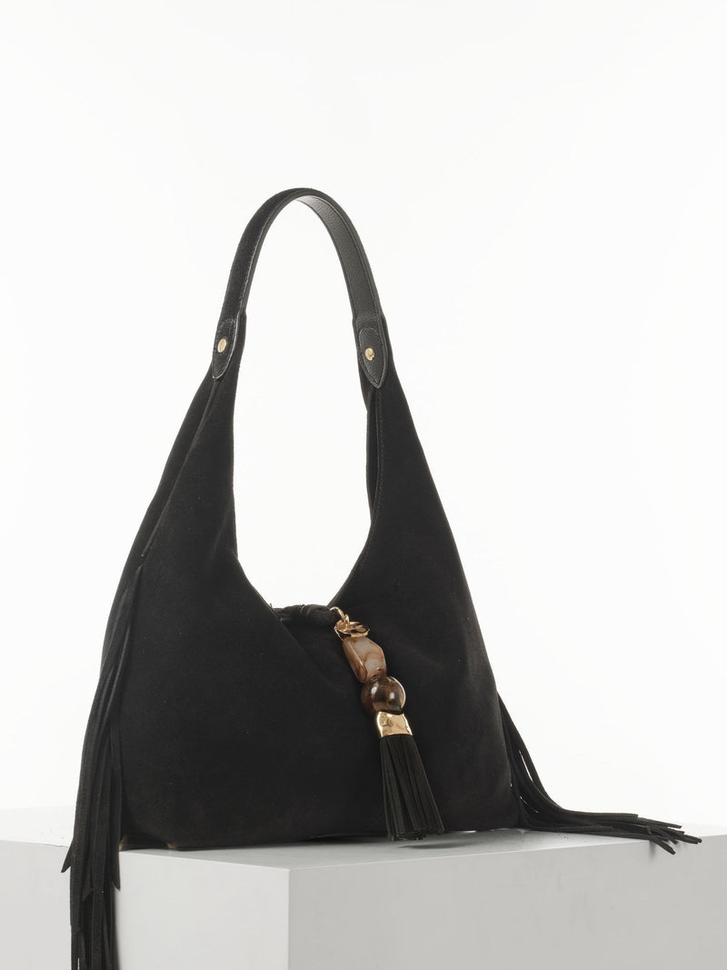 Luella Grey Black Paloma Suede Fringe Shoulder Bag