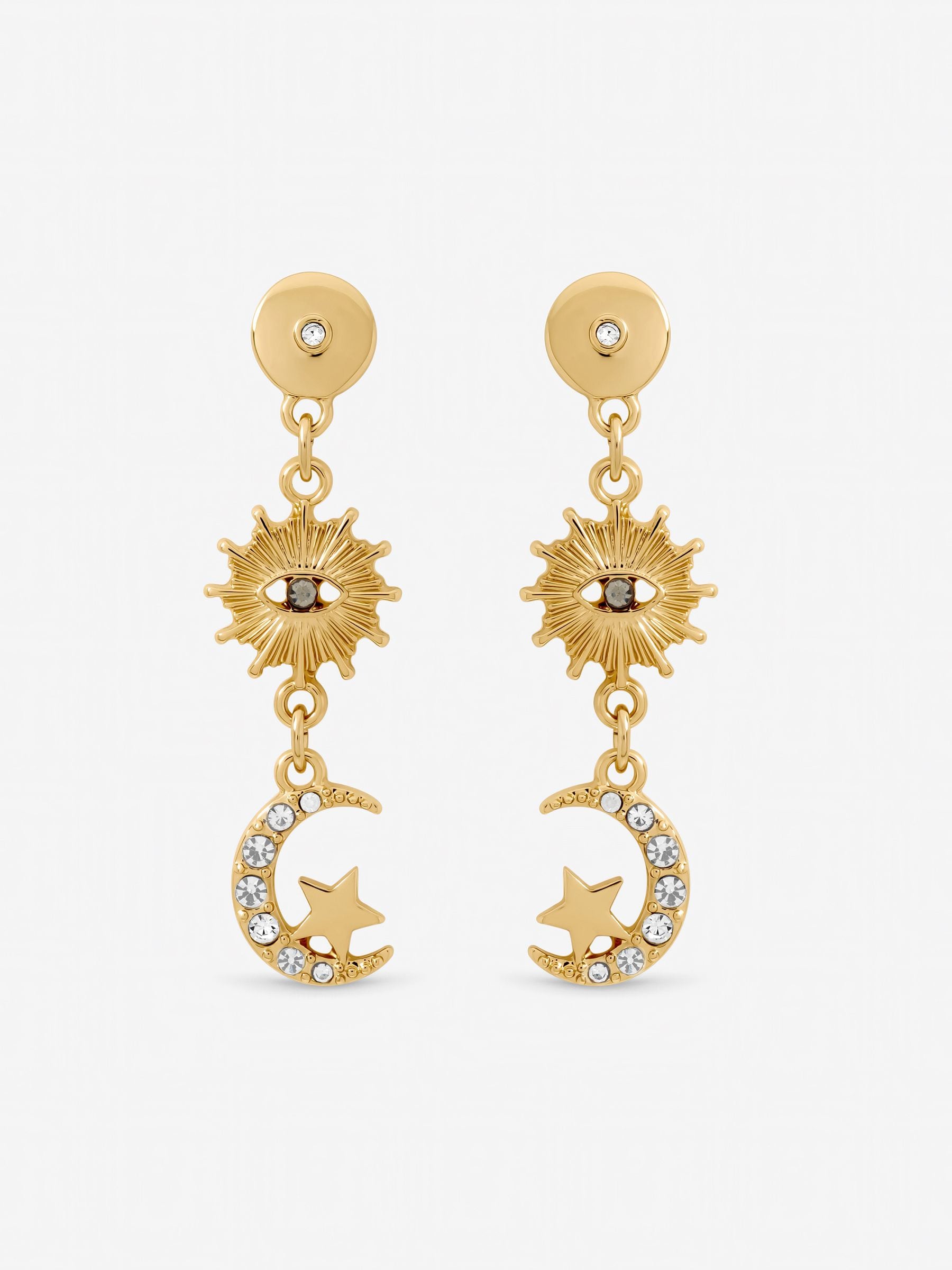 Mood gold tone evil eye celestial earrings, imported from the UK