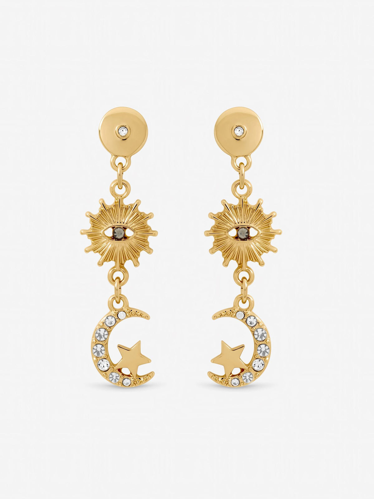 Mood gold tone evil eye celestial earrings, imported from the UK