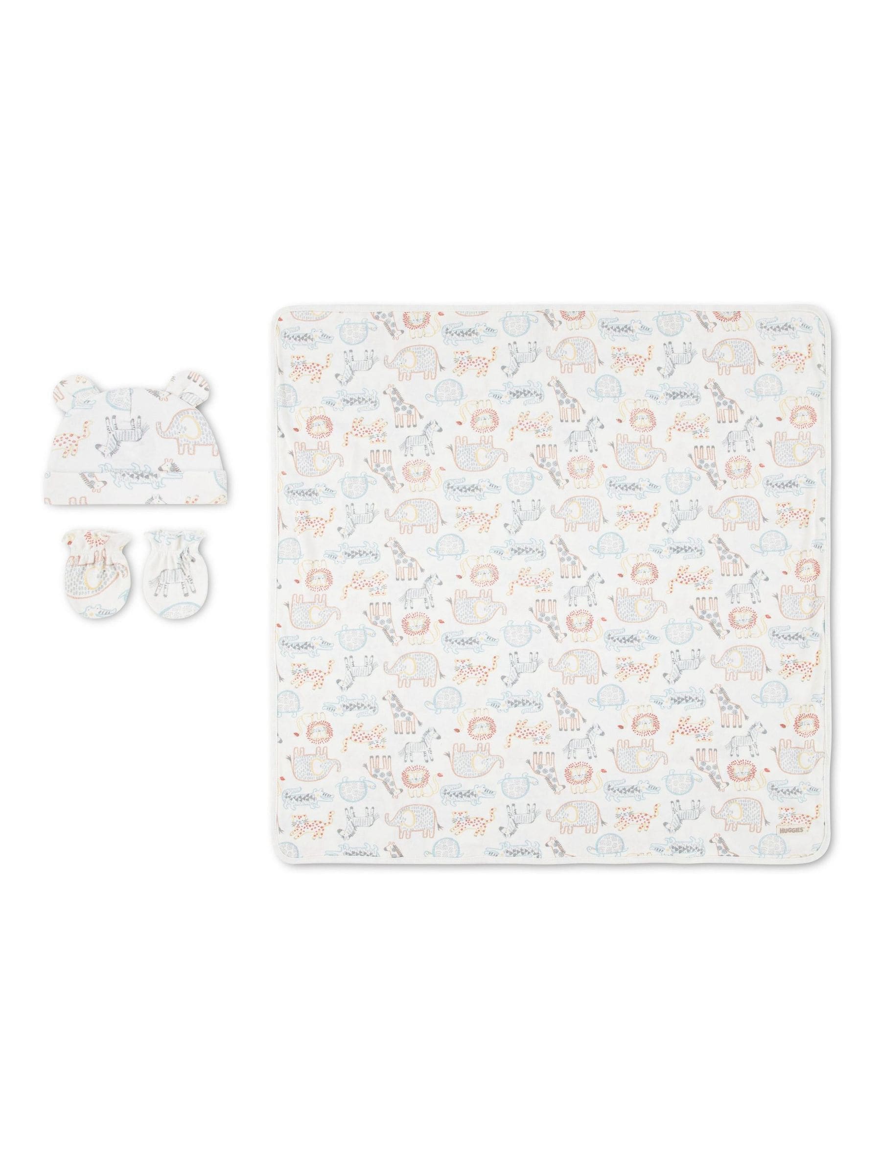 Huggies baby gift set white 100% cotton blanket hat mittens, UK version
