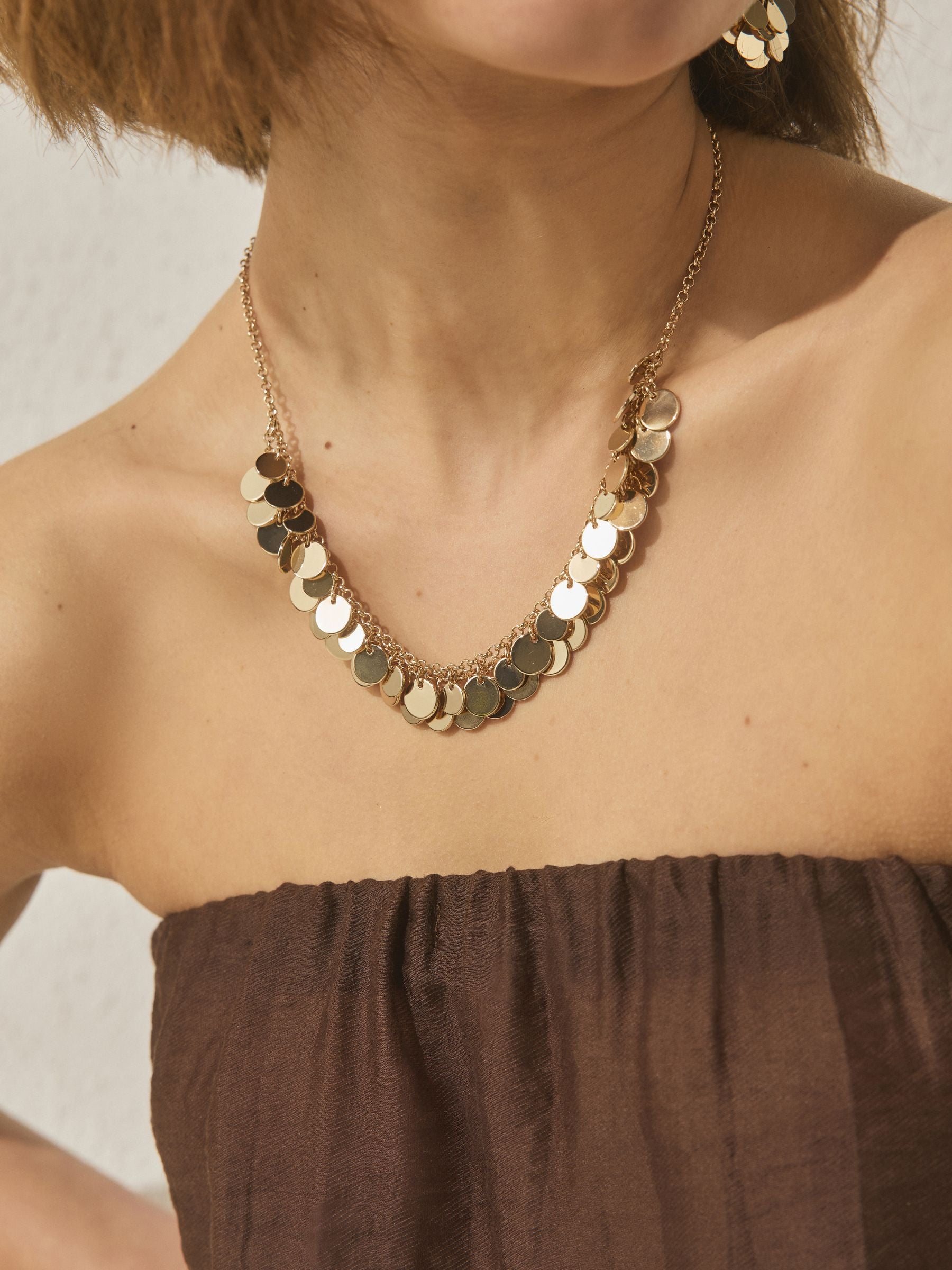 Gold tone disc chain necklace recycled materials - British product