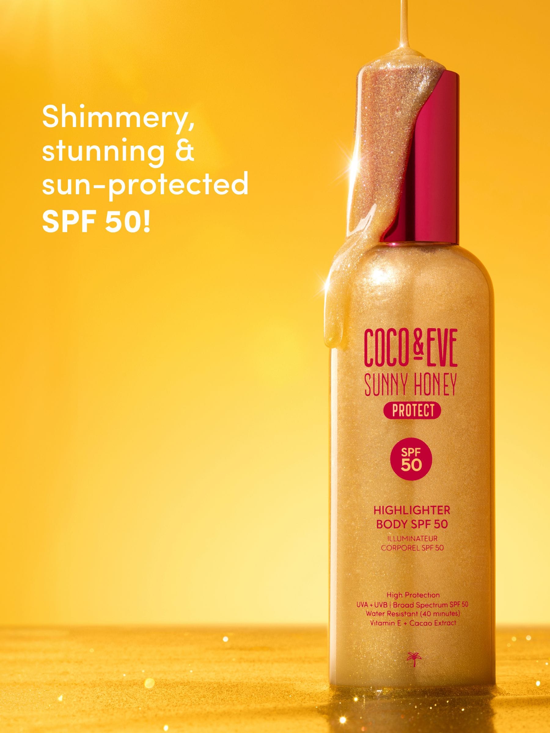 Coco & Eve Sunny Honey SPF 50 highlighter, imported from the UK
