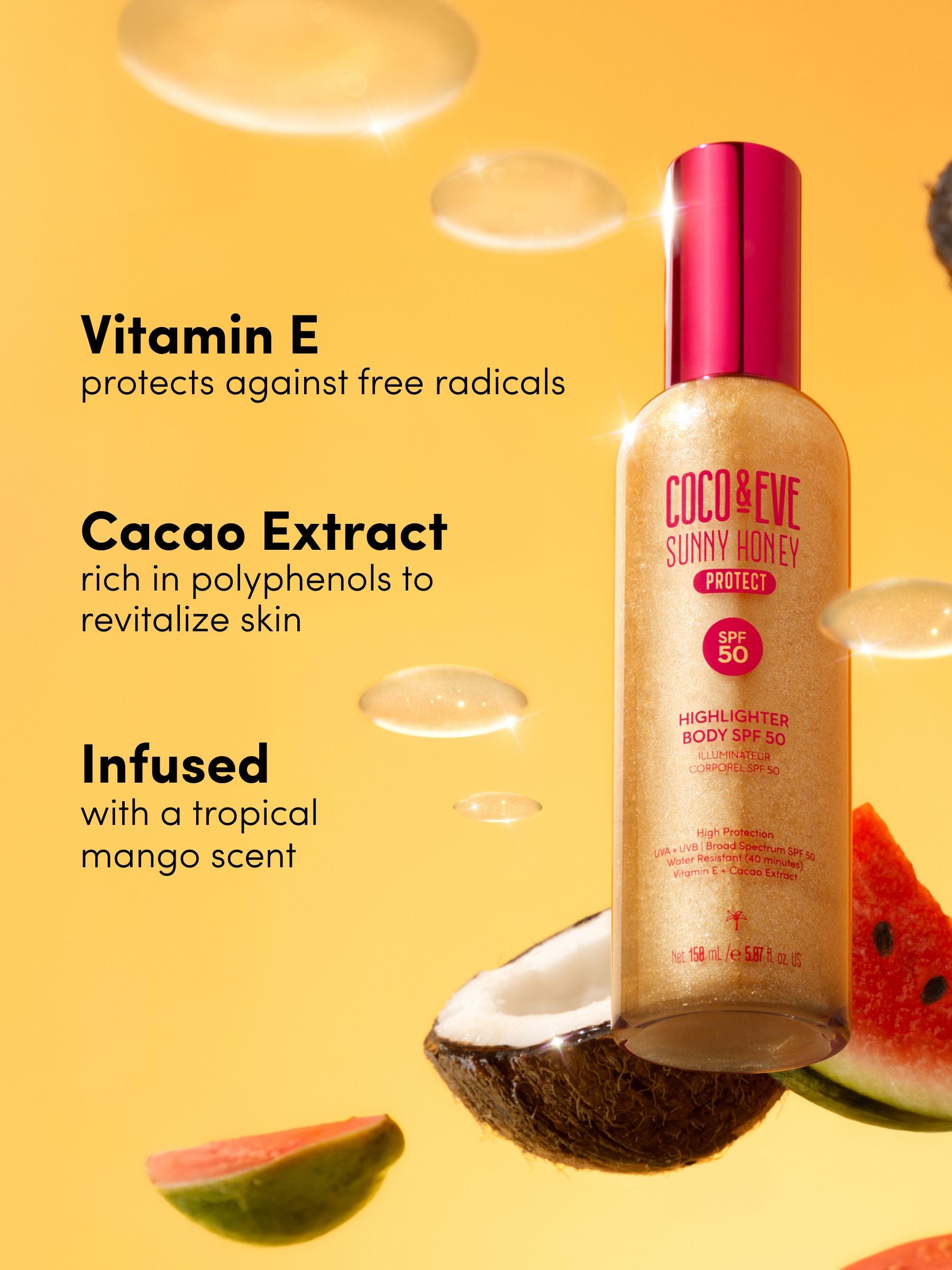 Coco & Eve Sunny Honey SPF 50 highlighter, imported from the UK