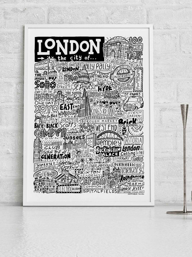 Sketchbook Design framed wall art London landmarks illustration, UK version