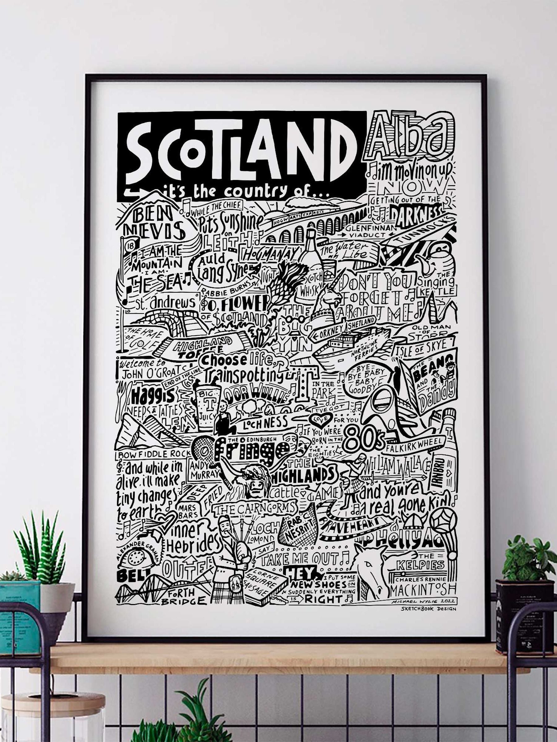 Sketchbook Design Scotland landmarks wall art print, imported from the UK