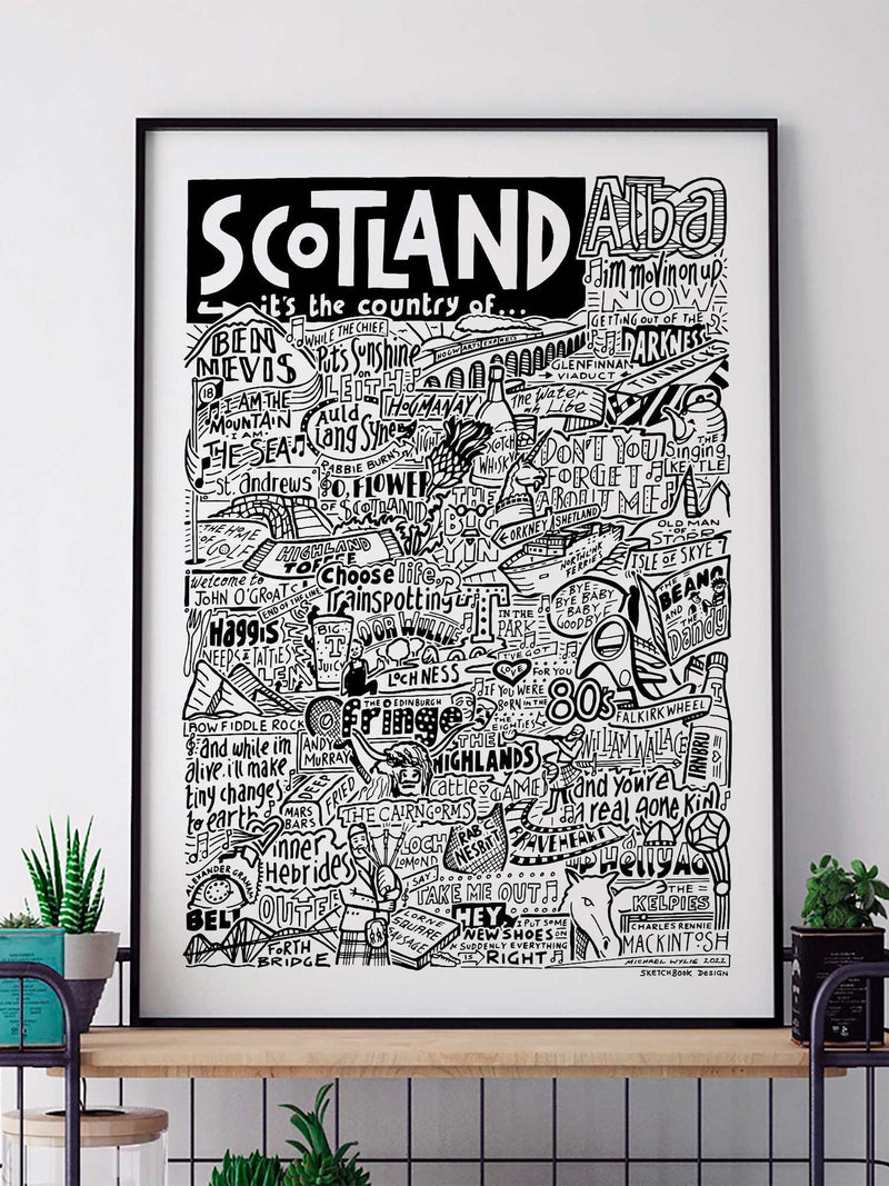 Sketchbook Design Scotland landmarks wall art print, imported from the UK