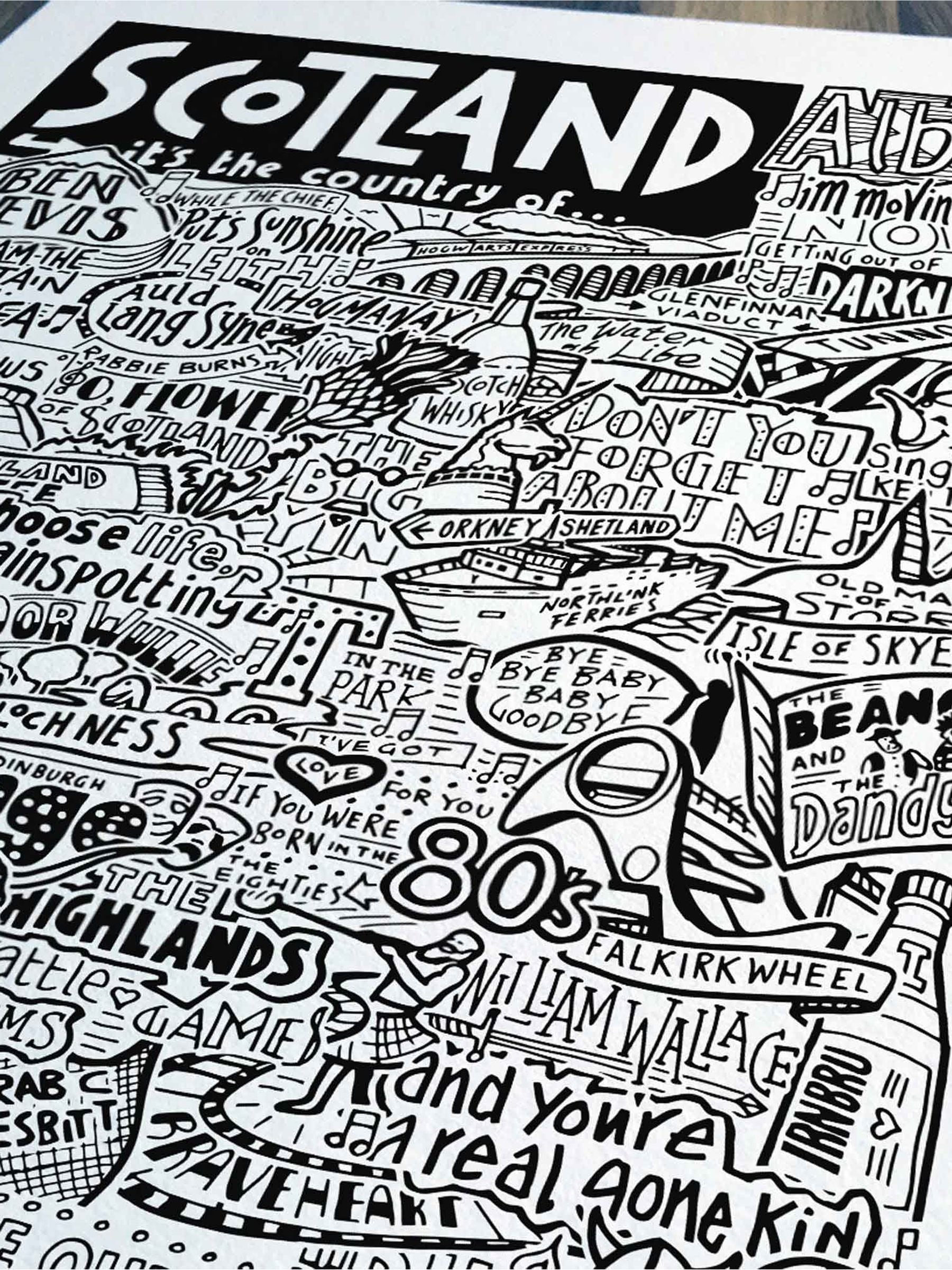 Sketchbook Design Scotland landmarks wall art print, imported from the UK