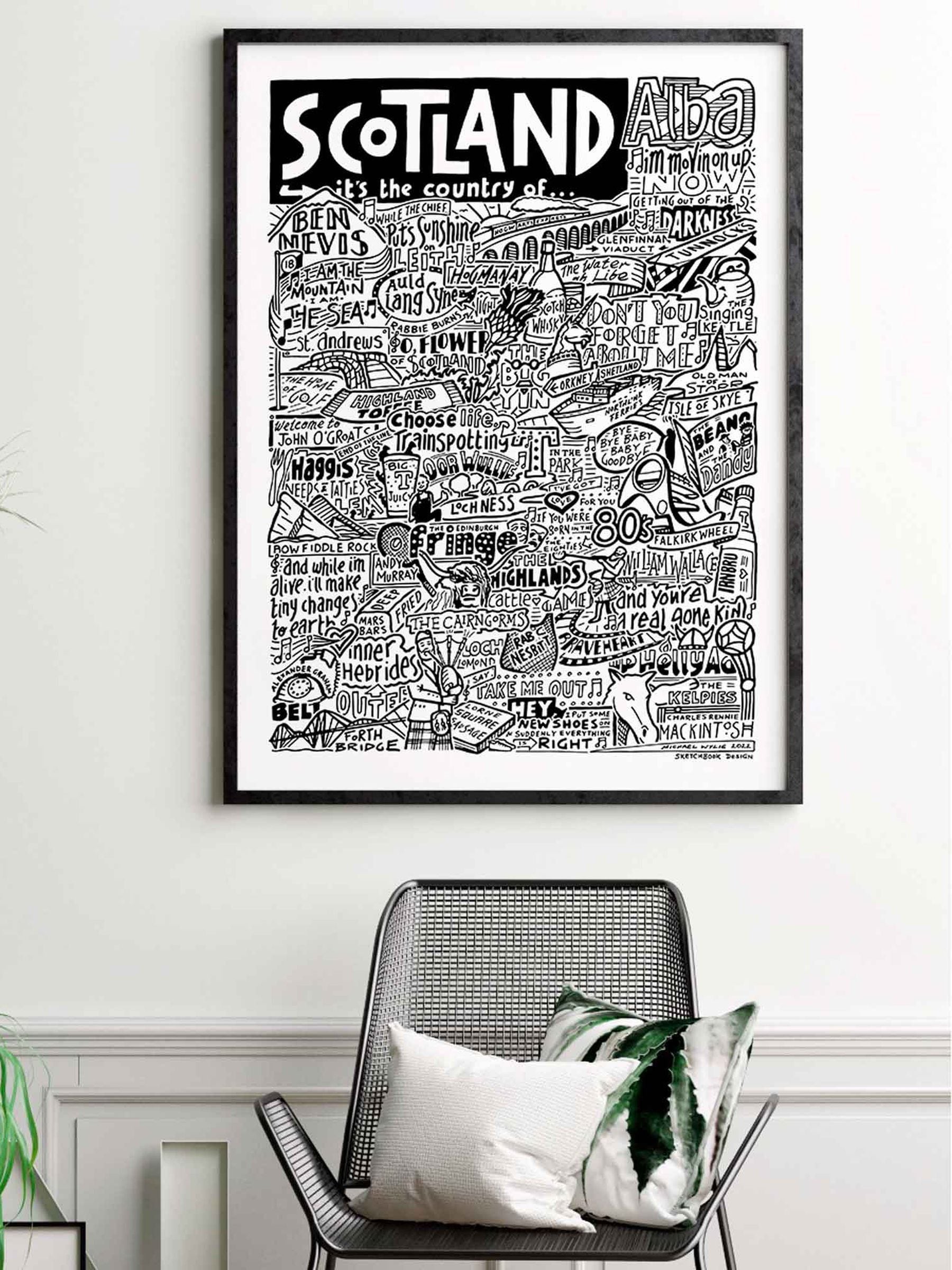 Sketchbook Design Scotland landmarks wall art print, imported from the UK