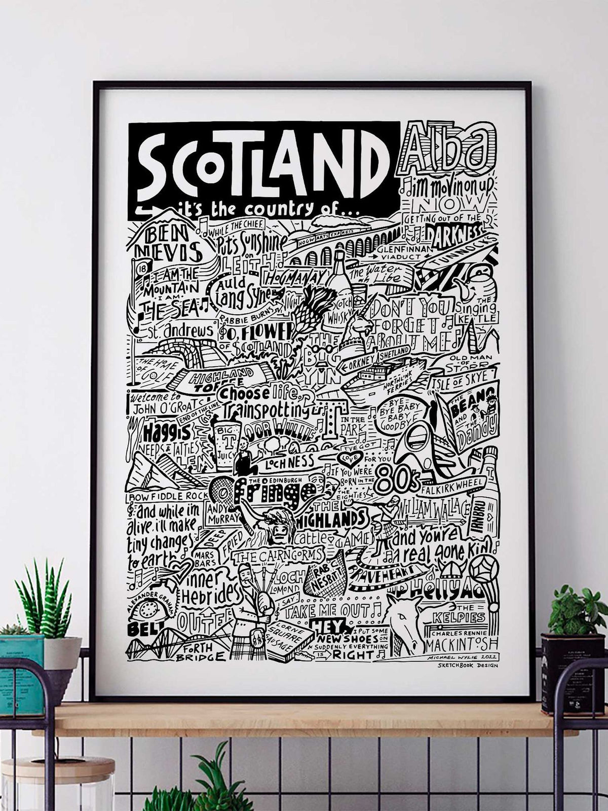 Sketchbook Design Scotland landmarks wall art print, imported from the UK