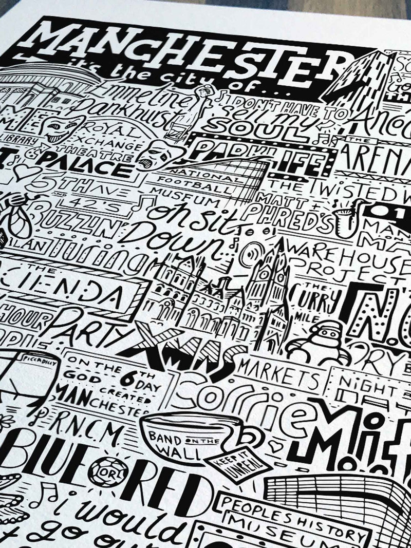 Sketchbook Design framed wall art print of Manchester landmarks - British product