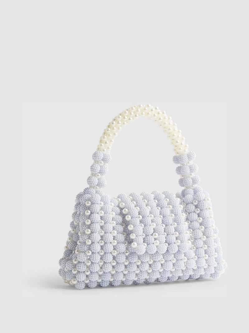 River Island blue beaded grab bag pearly embellishments UK version