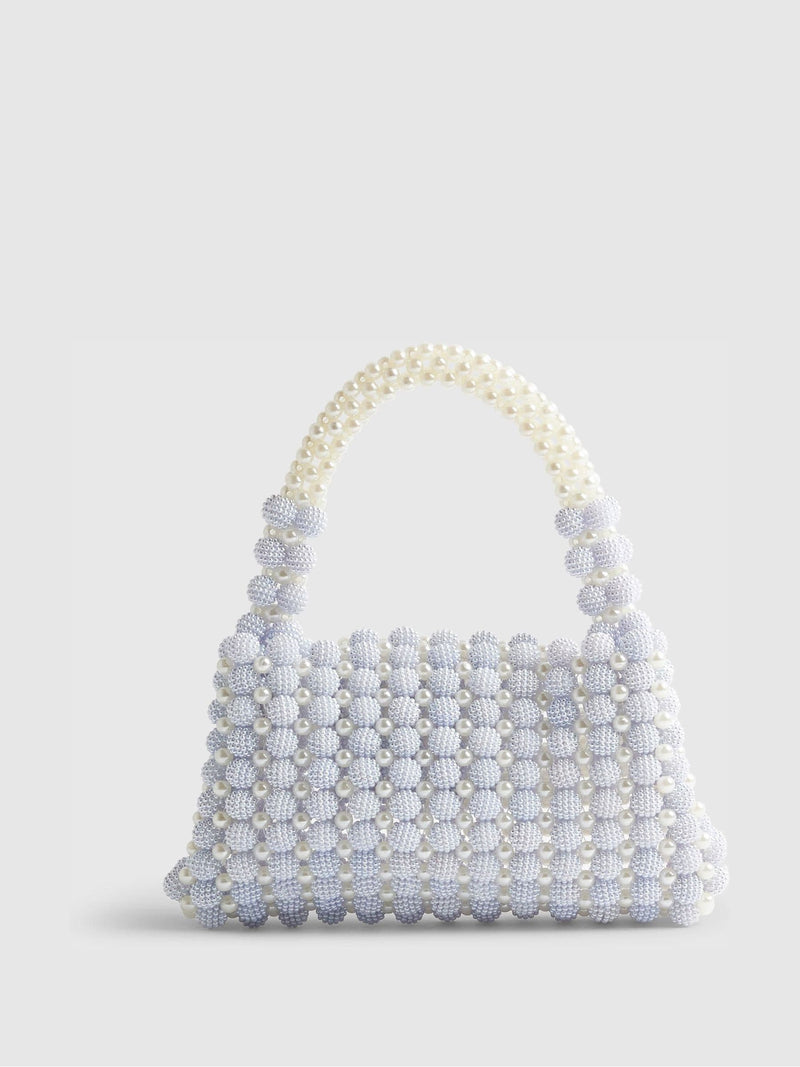 River Island blue beaded grab bag pearly embellishments UK version