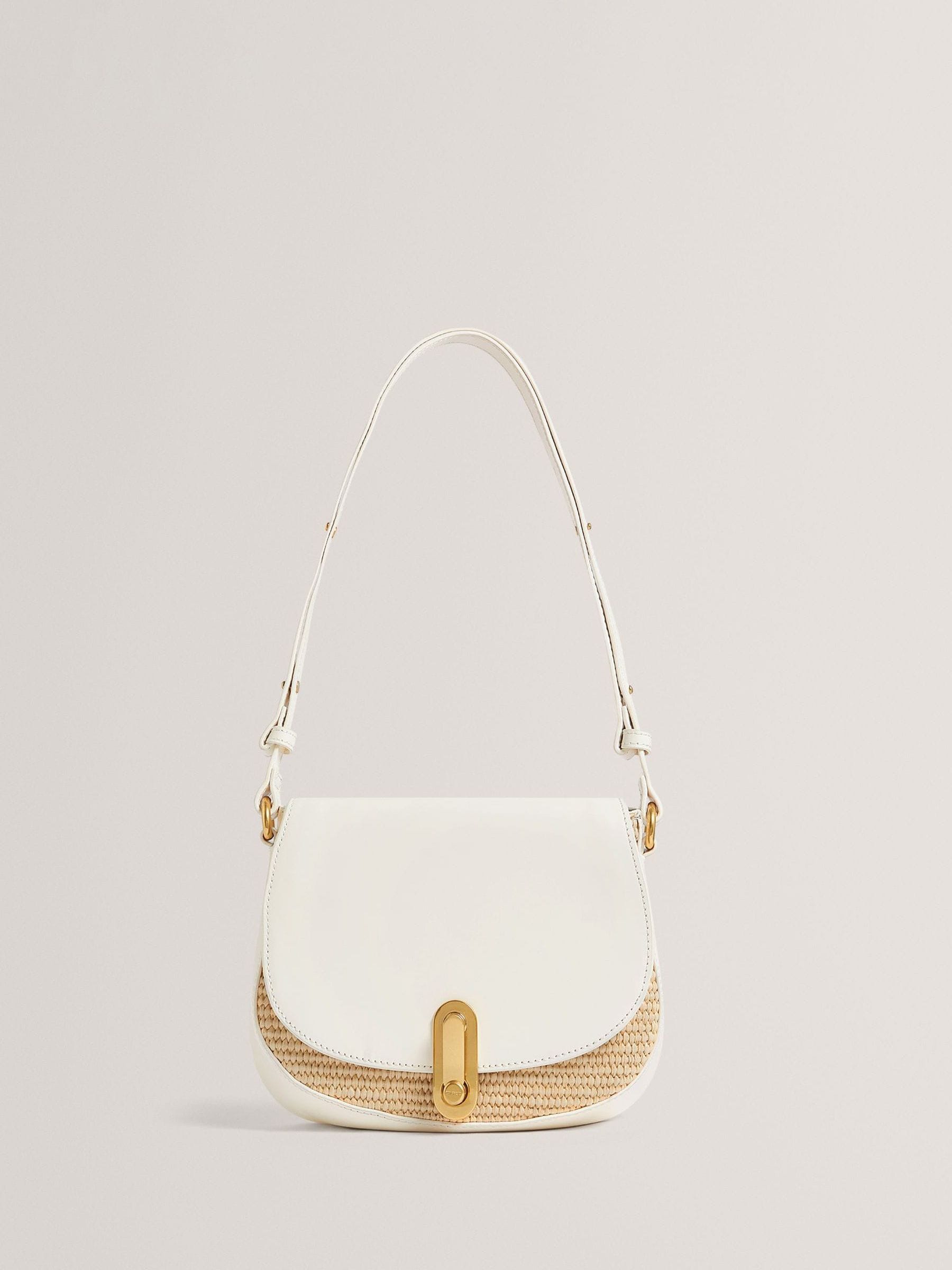 Ted Baker cream shoulder bag with twist lock and raffia trim, UK version