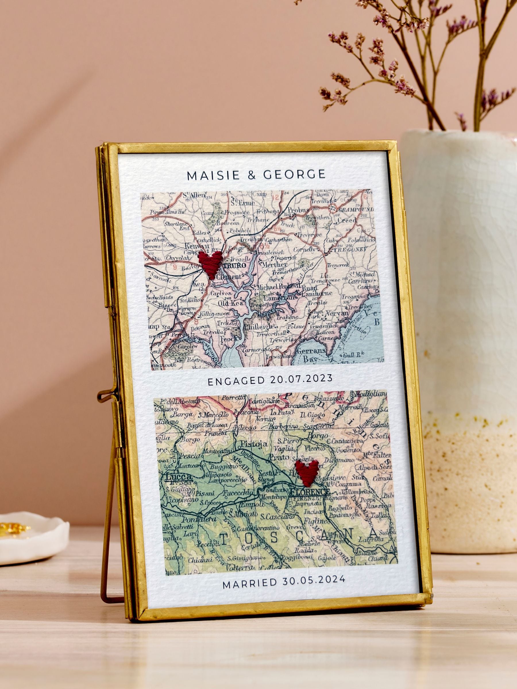 Posh Totty Designs personalised map picture hand stitched hearts 13x18cm (British brand)