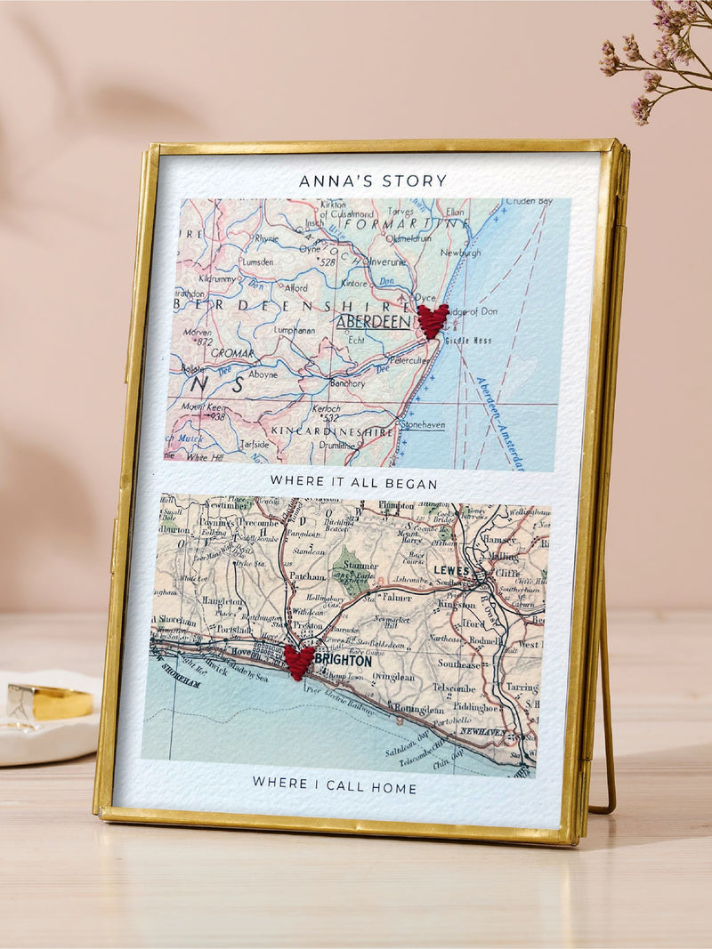 Posh Totty Designs personalised map picture hand stitched hearts 13x18cm (British brand)