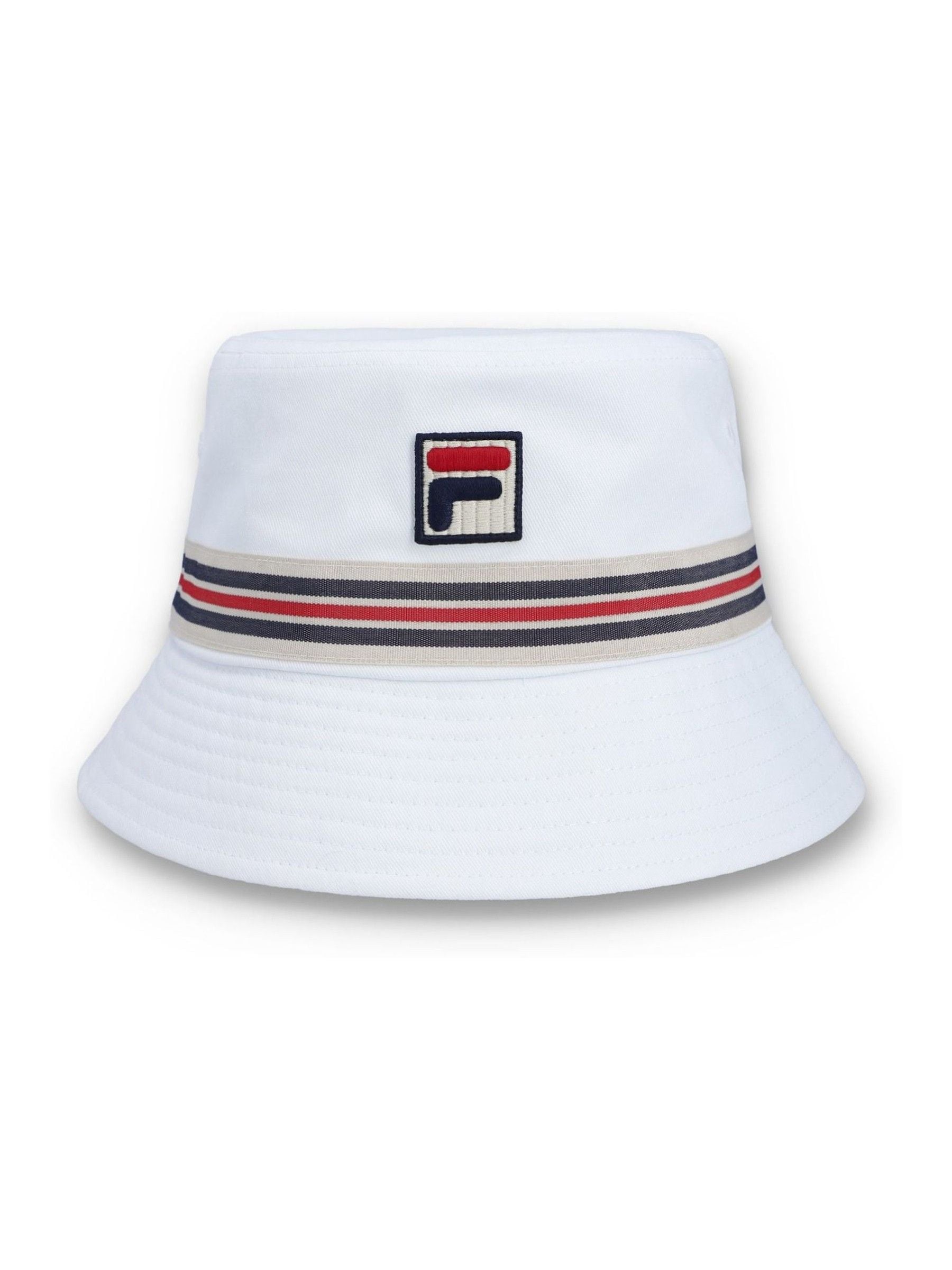 Fila white Jojo bucket hat with heritage stripe tape, UK version