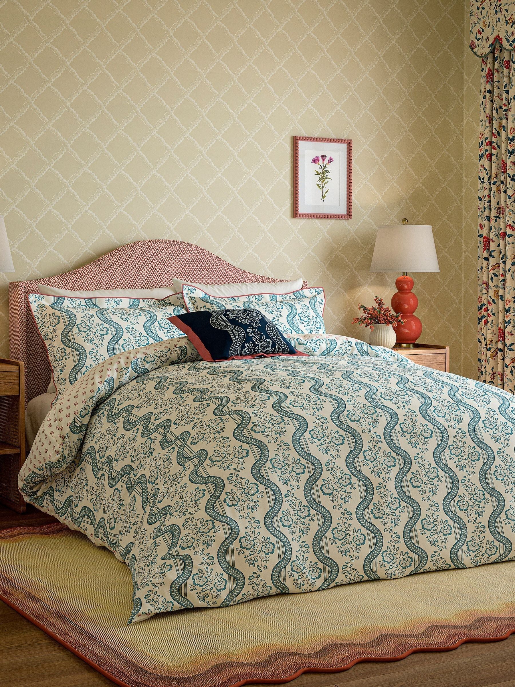 Sanderson Aubrey cushion indigo embroidered leaf trail 45x45cm, UK version