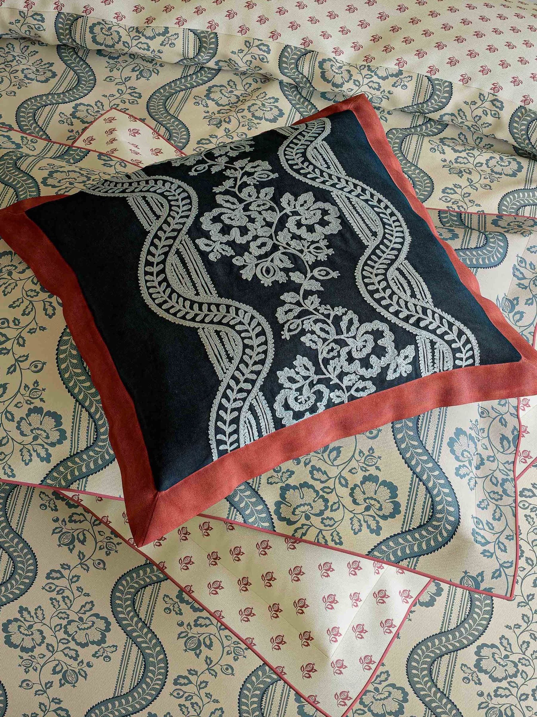 Sanderson Aubrey cushion indigo embroidered leaf trail 45x45cm, UK version