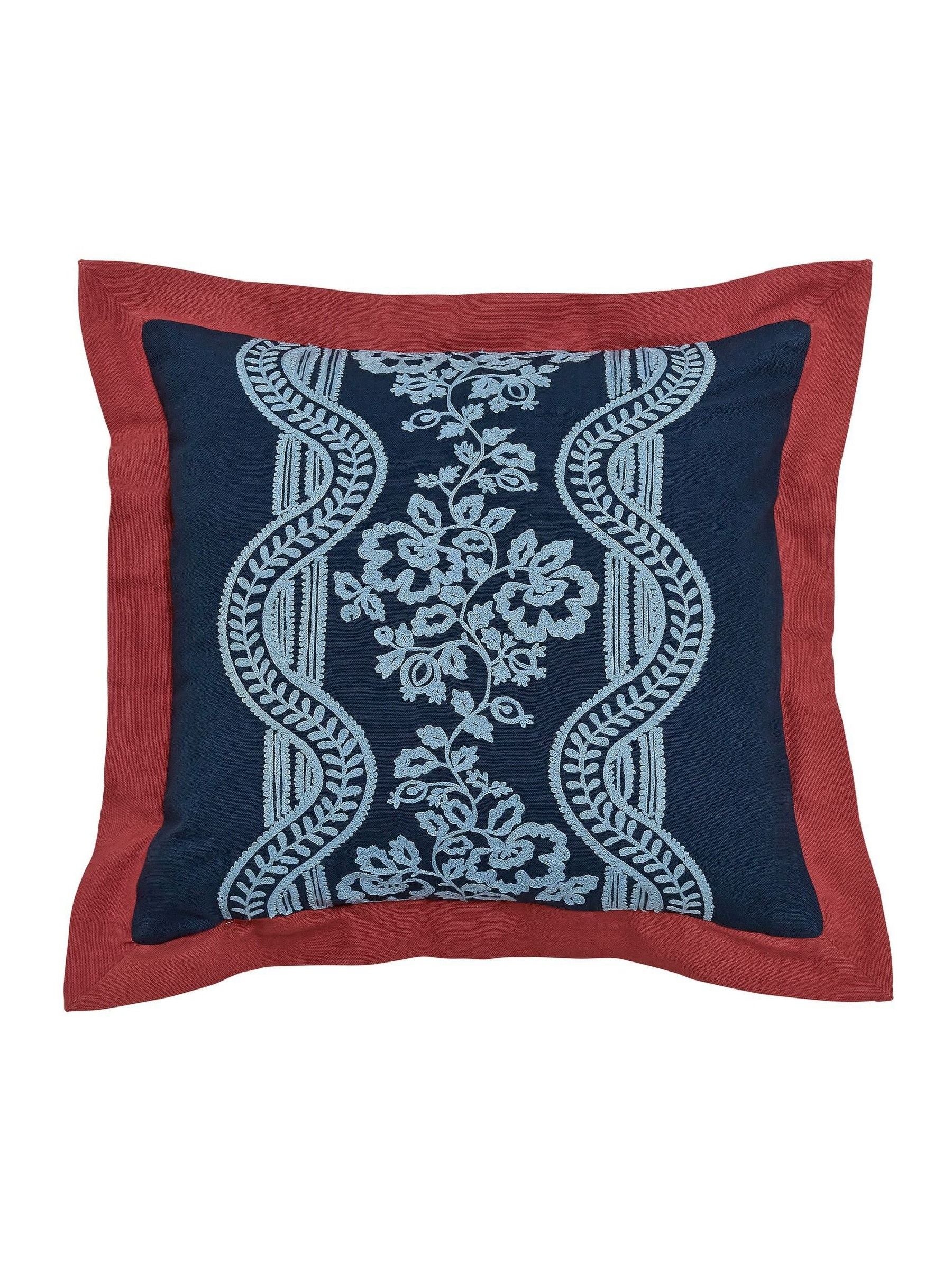 Sanderson Aubrey cushion indigo embroidered leaf trail 45x45cm, UK version