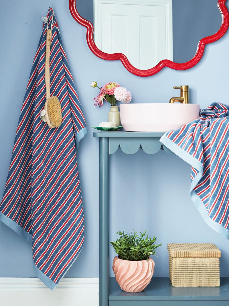 Land & Shore blue and red striped cotton towel, imported from the UK