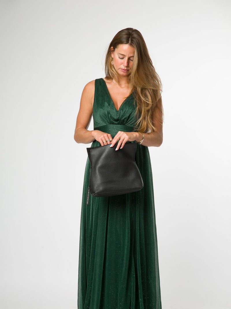 Cultured London black Isabetta leather clutch bag, imported from the UK