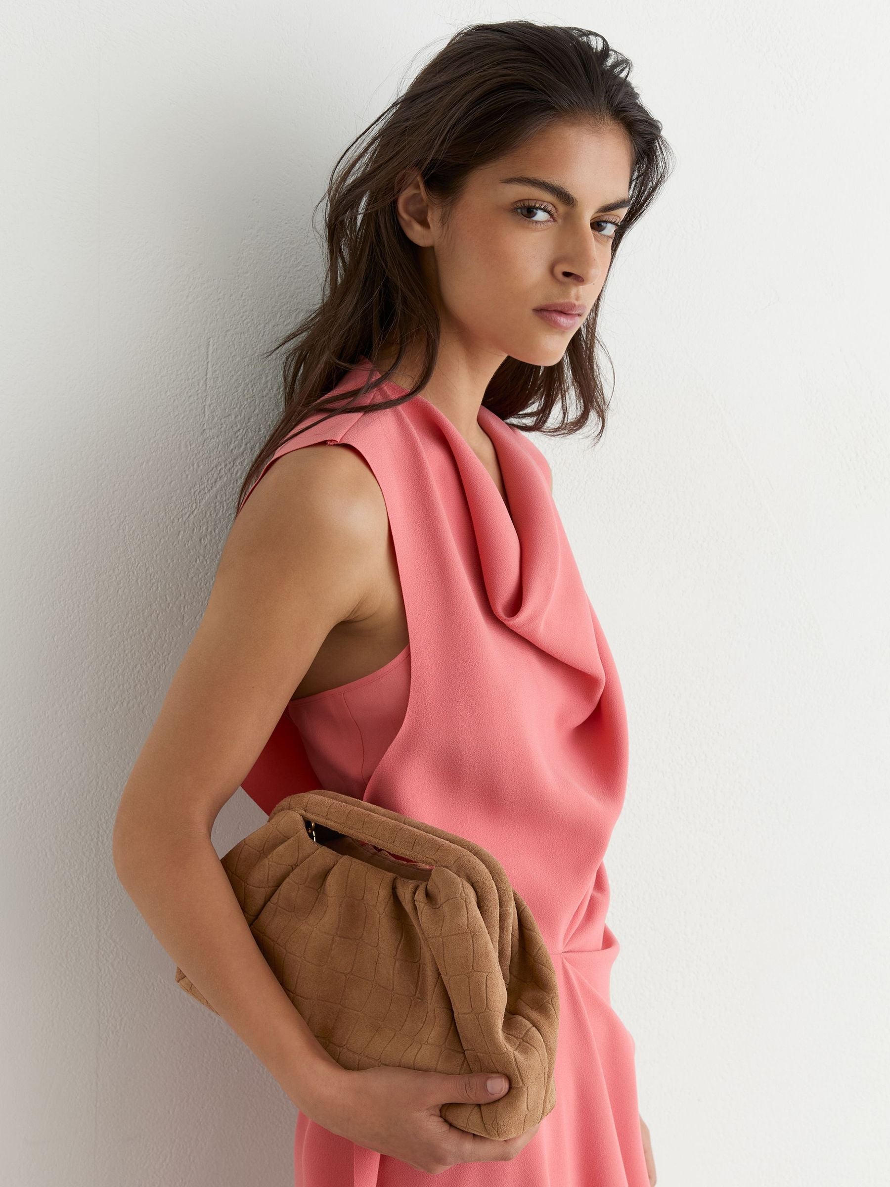 Reiss tan croc-embossed suede clutch bag, imported from the UK