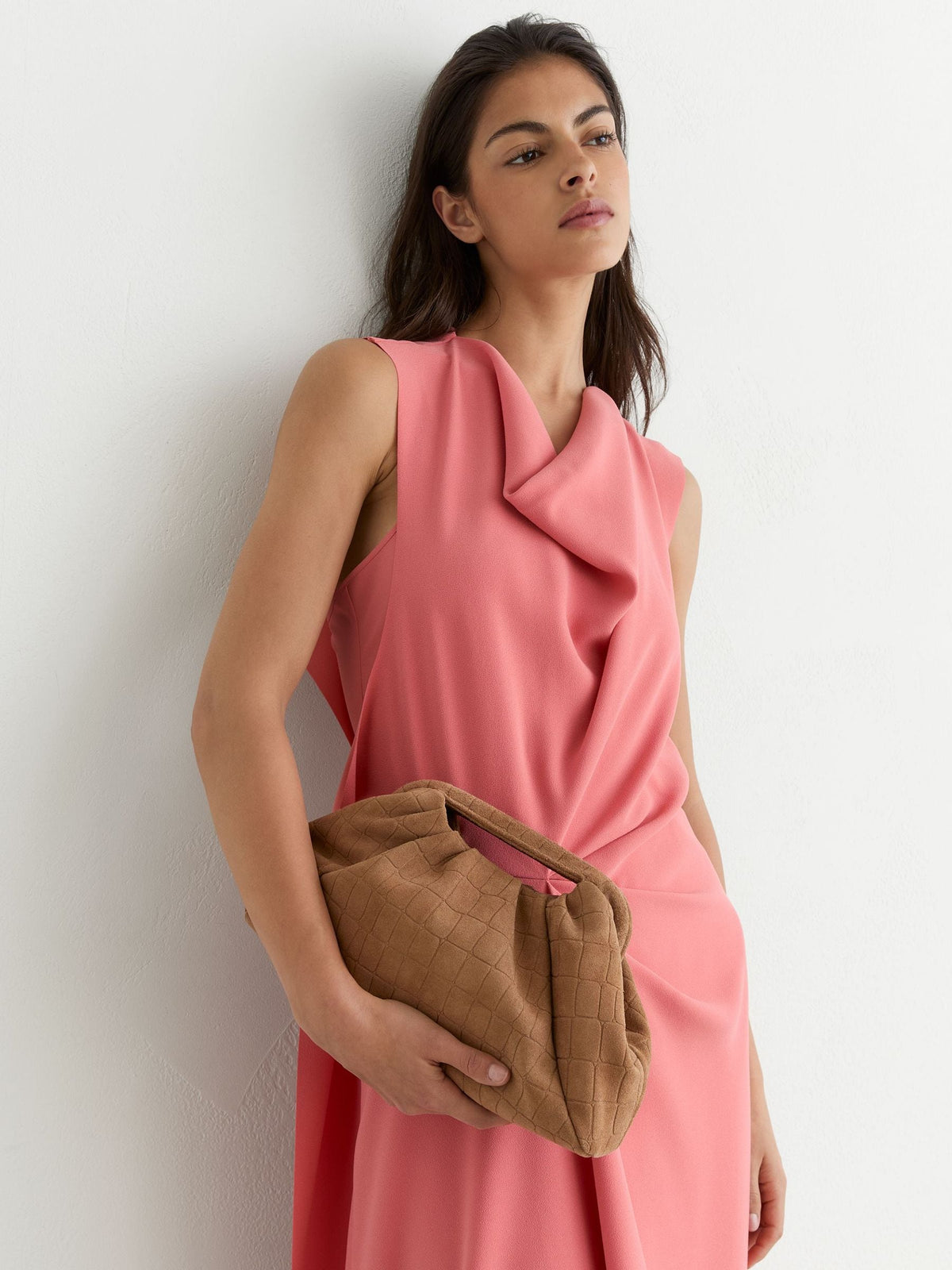 Reiss tan croc-embossed suede clutch bag, imported from the UK