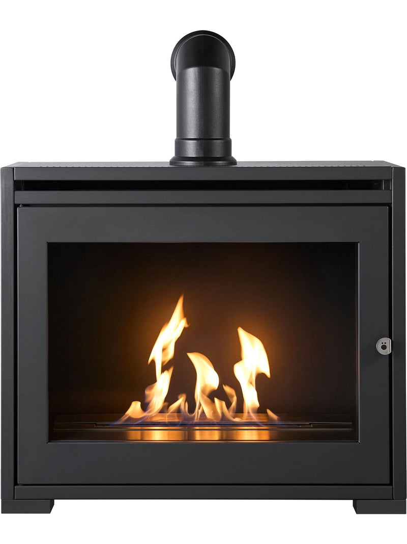 Adam S6 charcoal grey bio ethanol stove with angled pipe - British product