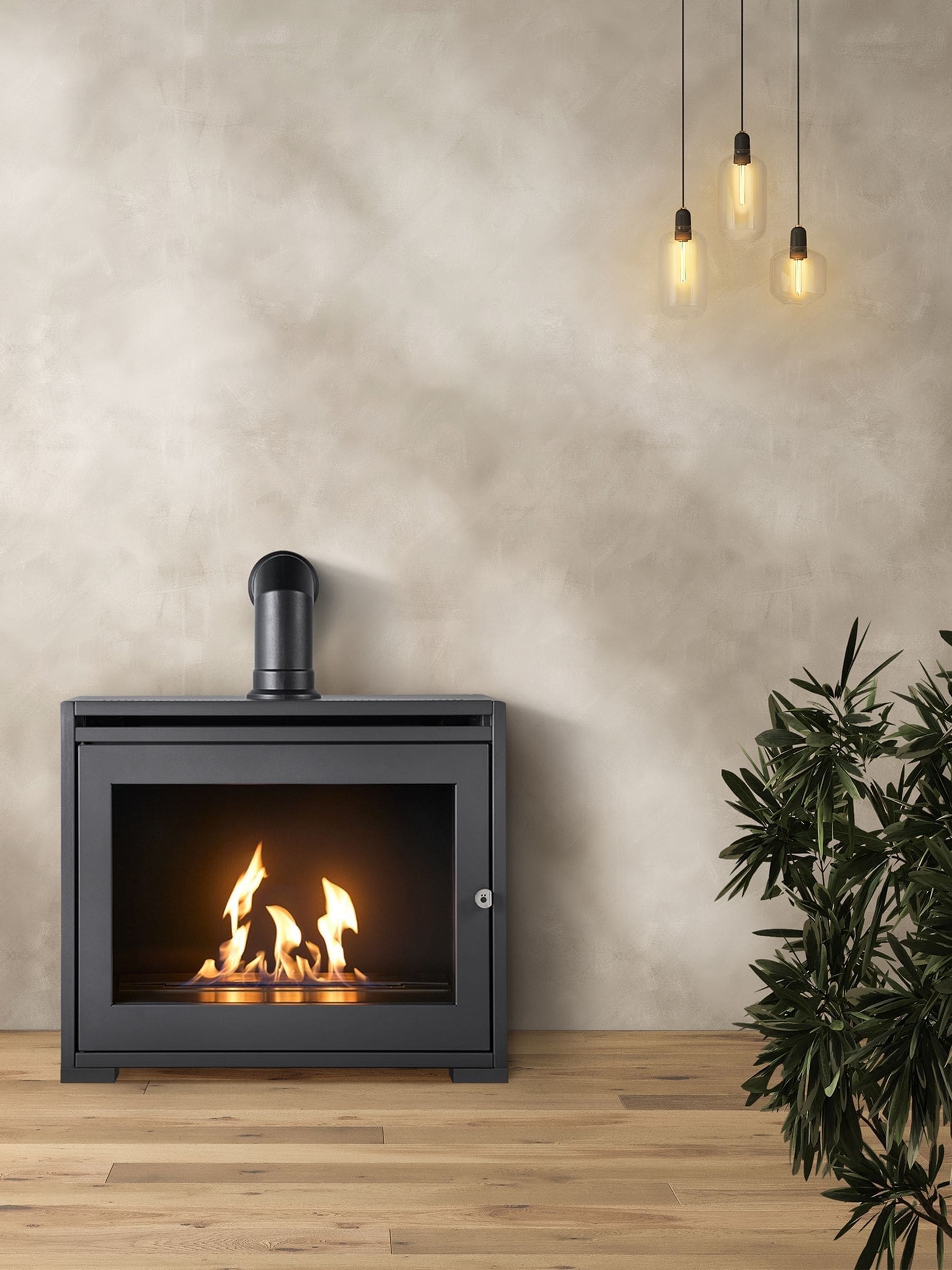 Adam S6 charcoal grey bio ethanol stove with angled pipe - British product