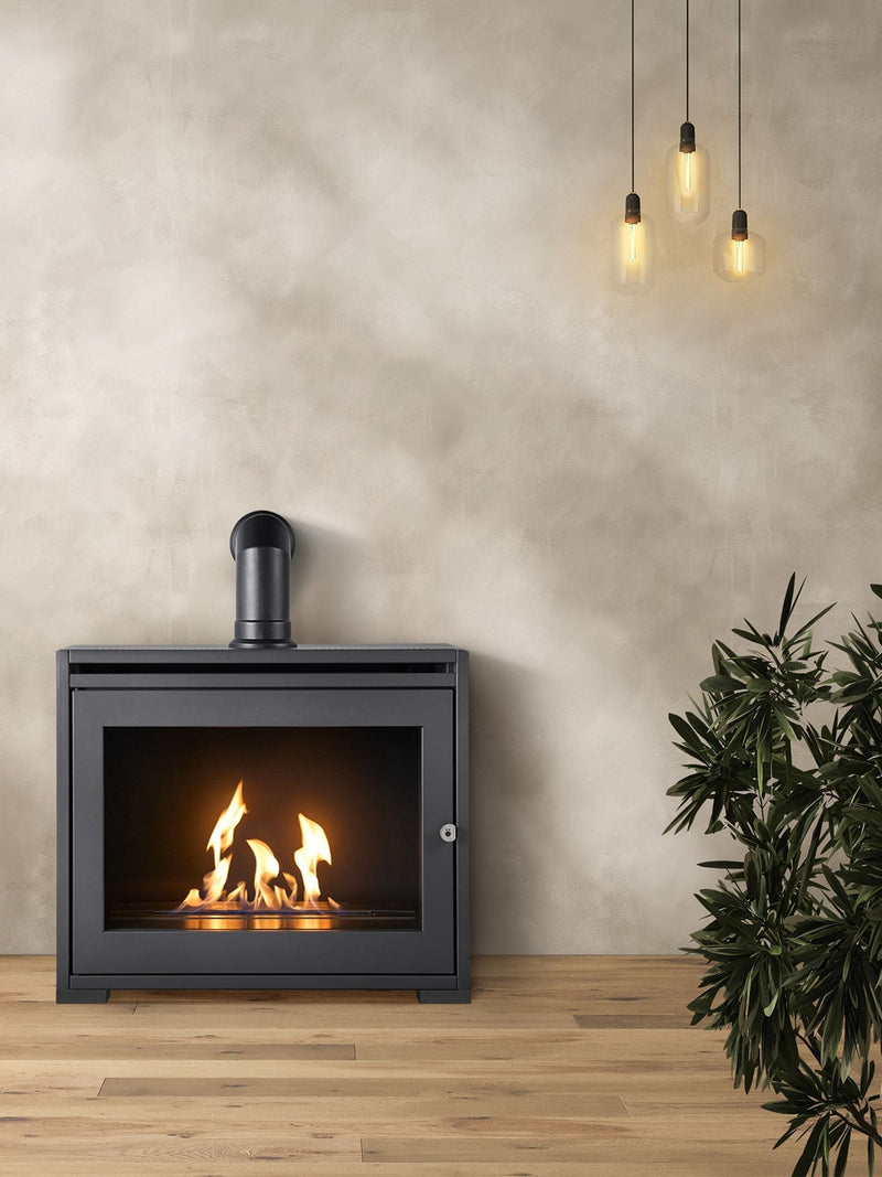 Adam S6 charcoal grey bio ethanol stove with angled pipe - British product