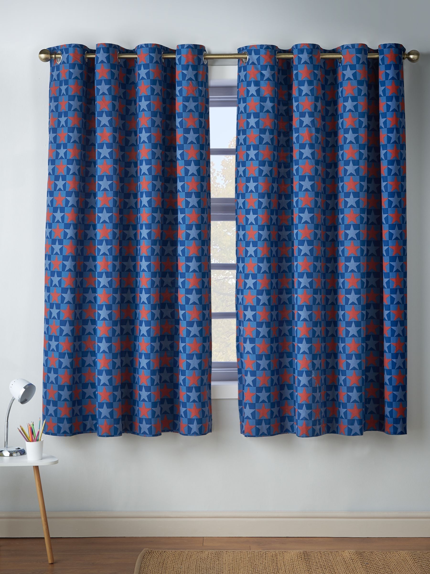 Catherine Lansfield blue stars and check reversible curtains 168x183cm, UK version