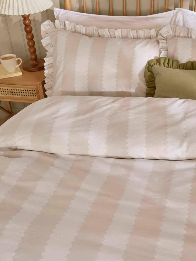 Wylder Oat Milk Birdie Stripe Ruffle pillowcase pair, UK version