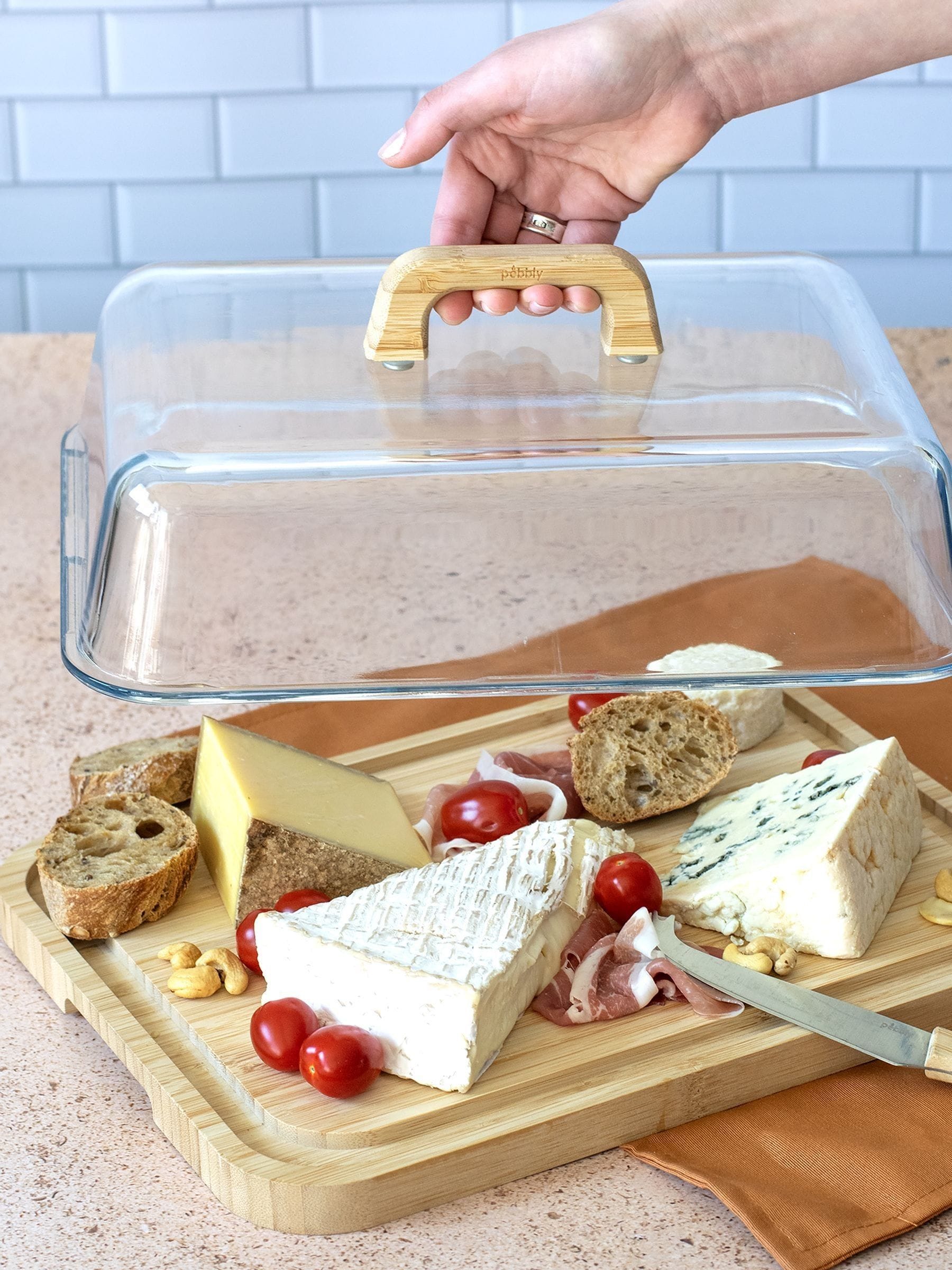 Pebbly Clear glass and bamboo cheese box, imported from the UK