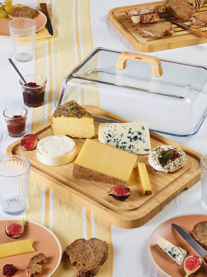 Pebbly Clear glass and bamboo cheese box, imported from the UK
