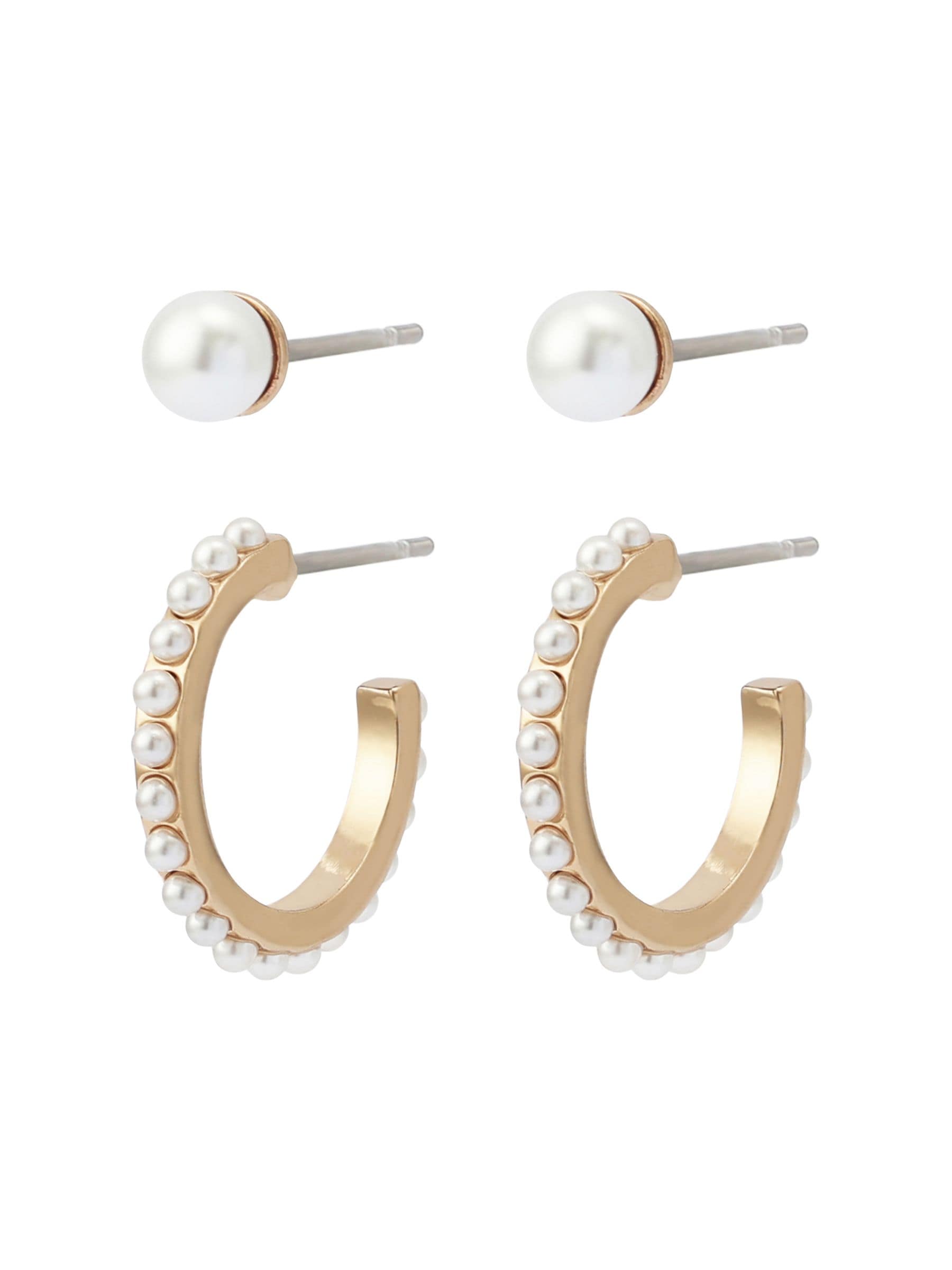 AllSaints gold tone pearl stud and huggie earrings set (British brand)