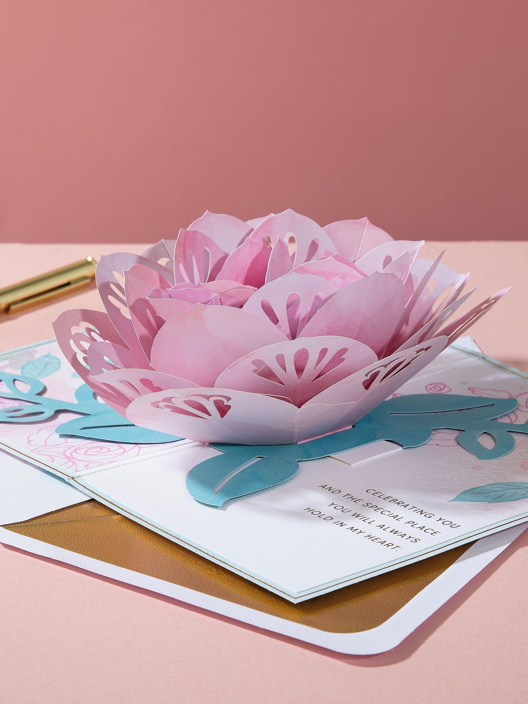 Hallmark 3D pop-up flower card with gold foil, UK version