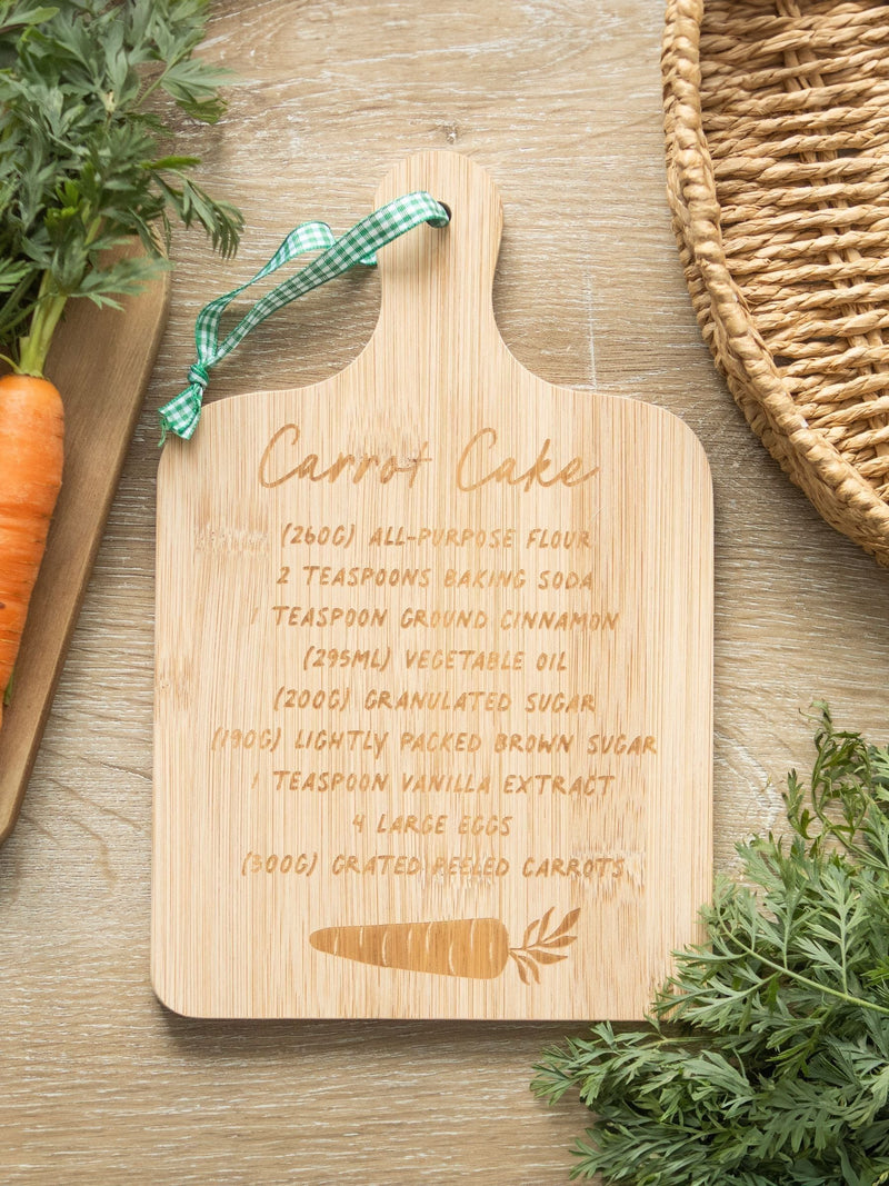 Something Different bamboo serving board with carrot cake recipe, imported from the UK