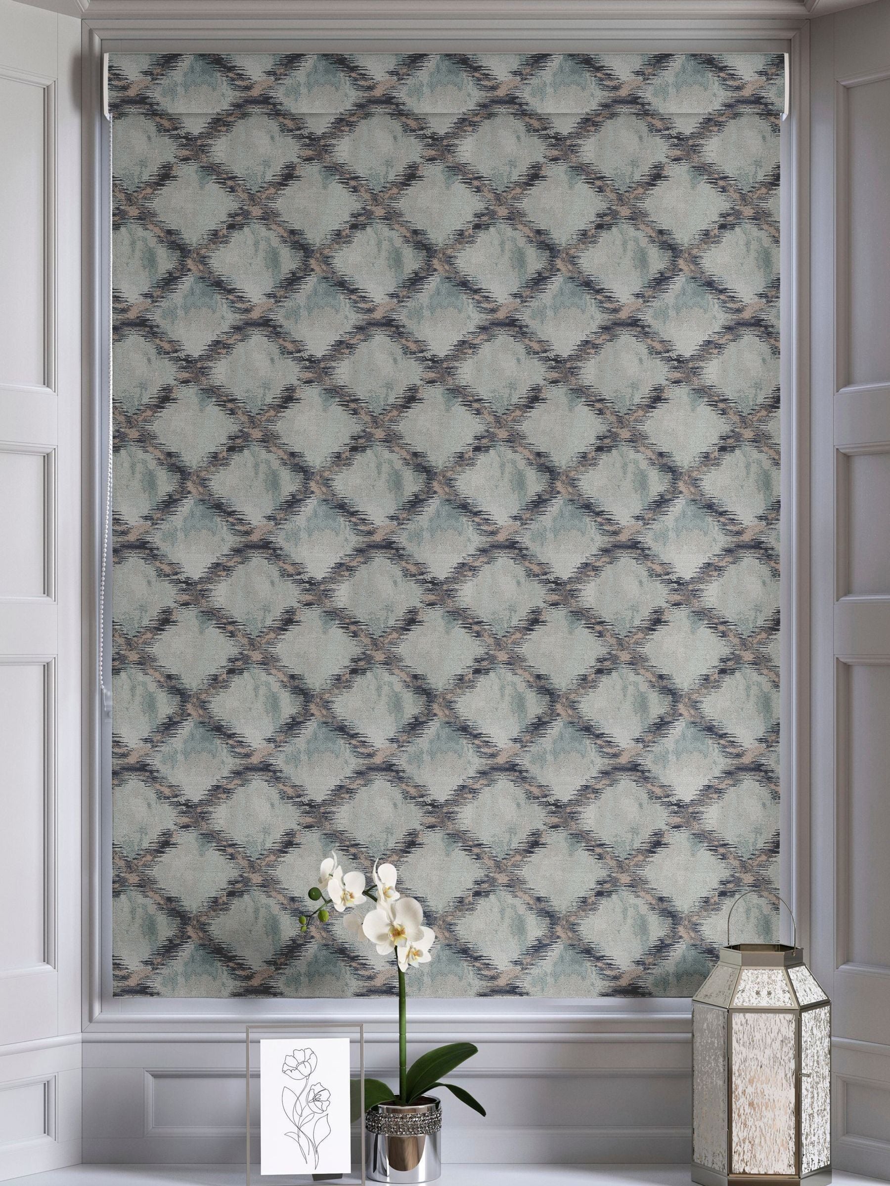 Blue abstract geo jacquard made to measure roman blinds, UK version