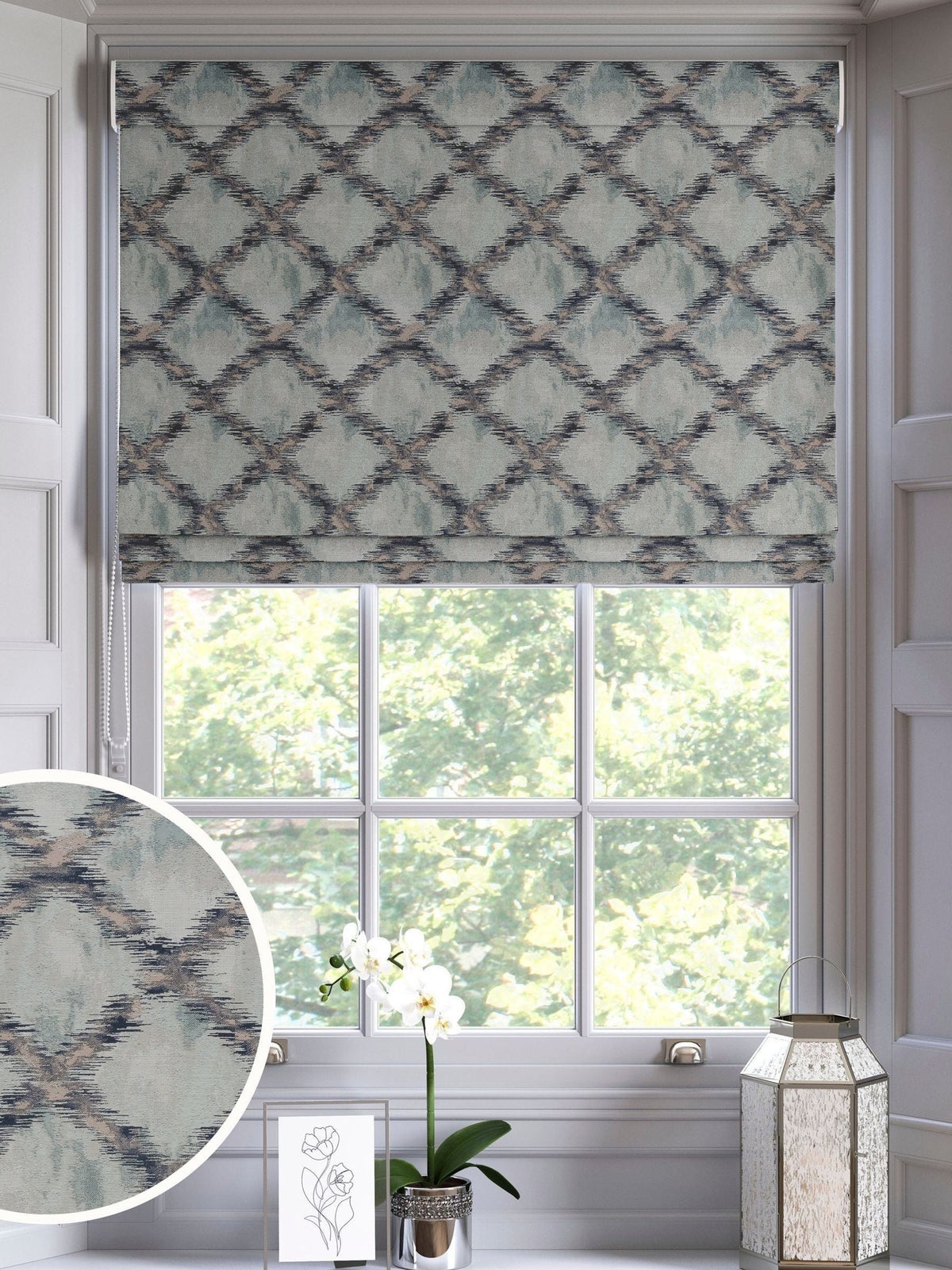 Blue abstract geo jacquard made to measure roman blinds, UK version