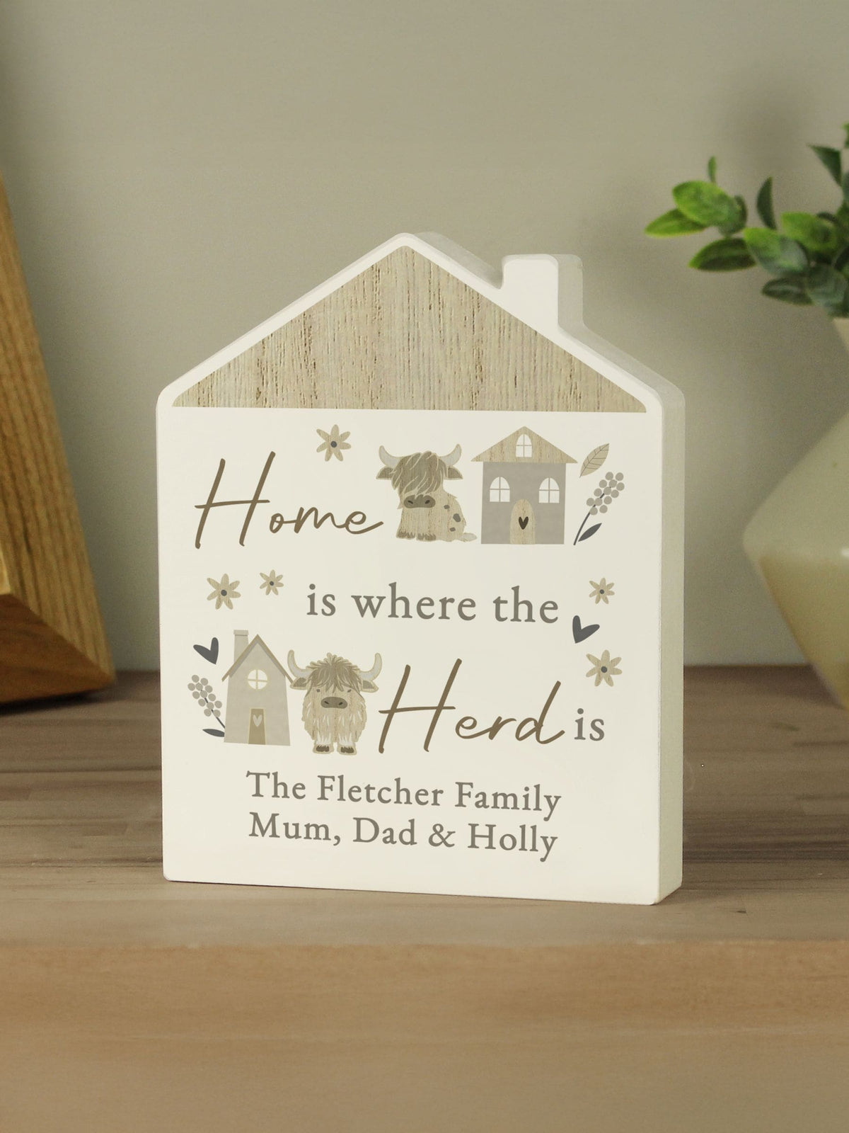 PMC personalised highland cow wooden ornament, imported from the UK