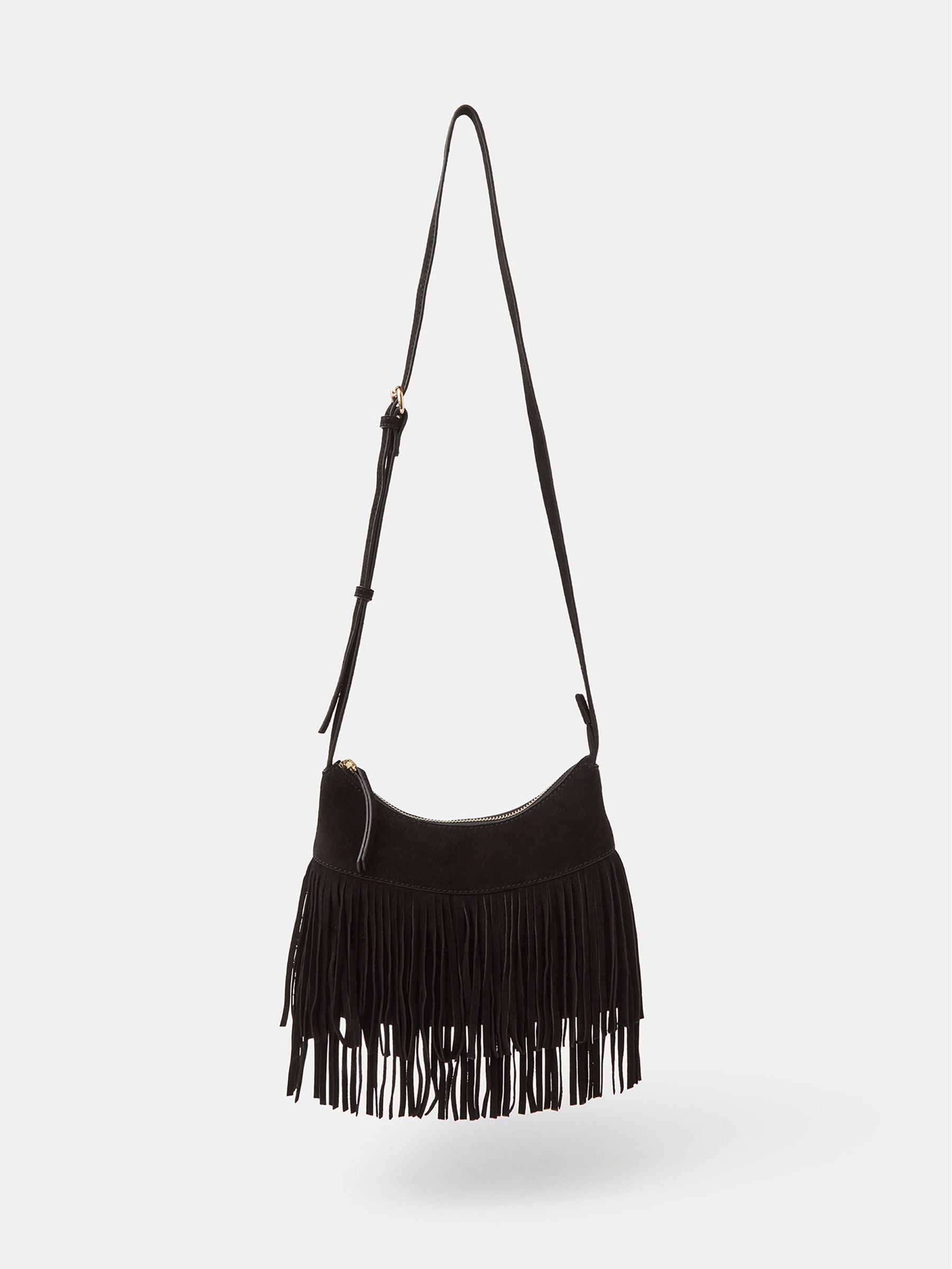 Accessorize black fringe suede crossbody bag, UK version