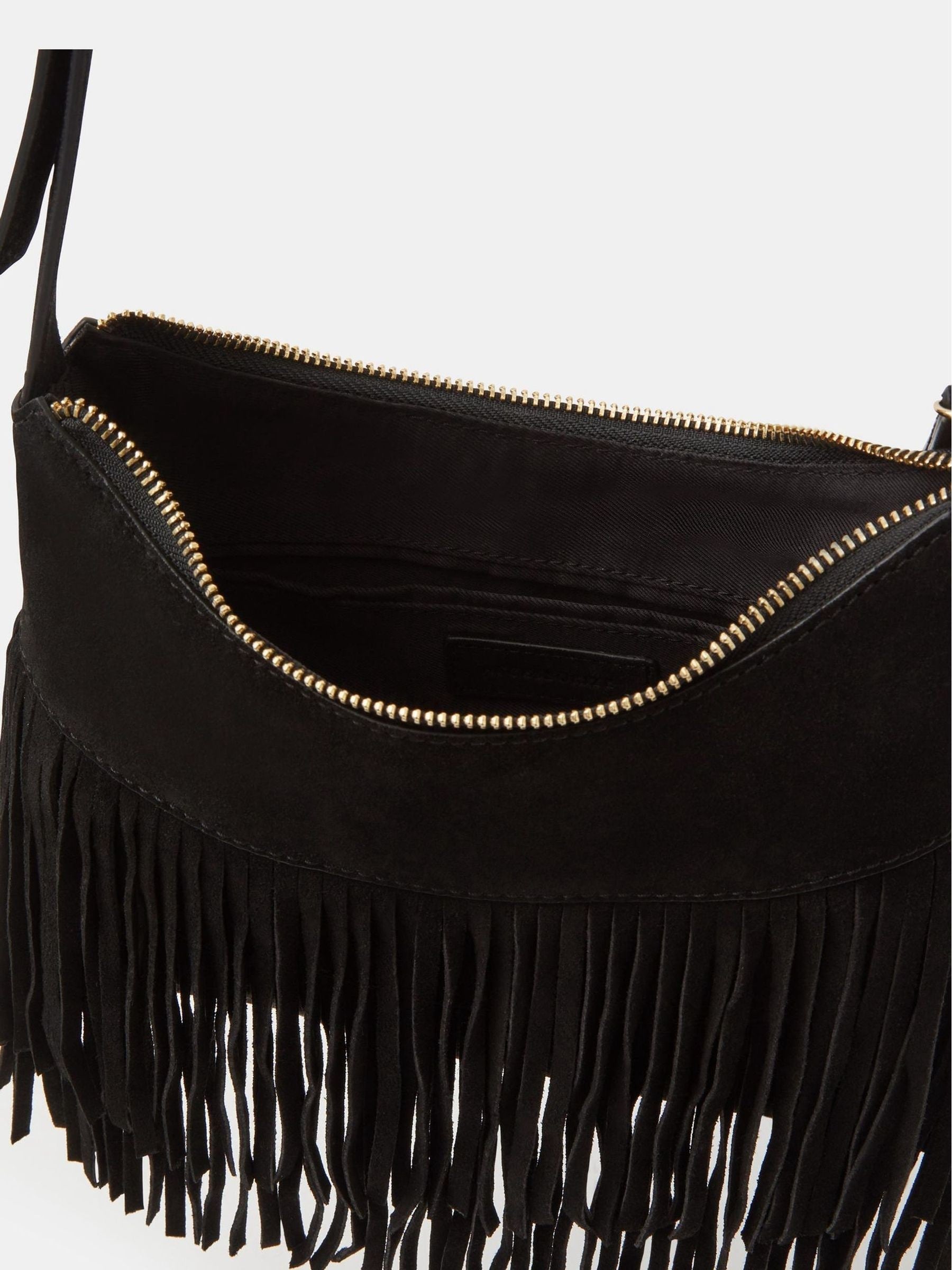 Accessorize black fringe suede crossbody bag, UK version