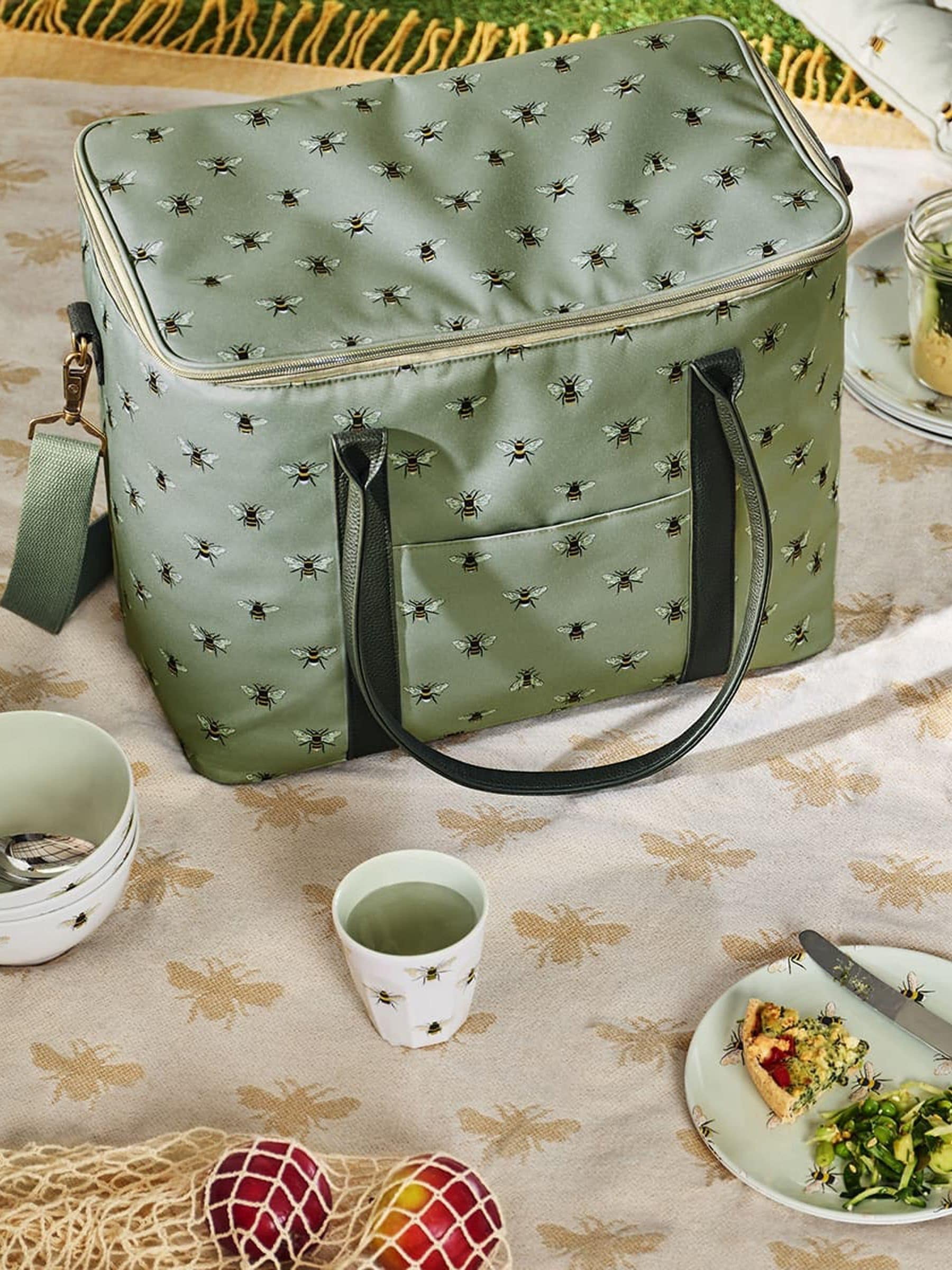 Sophie Allport pale green bees tall pocket picnic bag 30 litre - British product